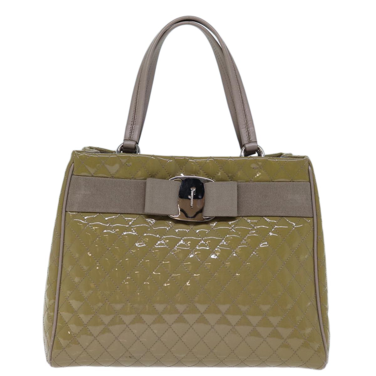 Salvatore Ferragamo Vala Patent Leather Beige Patent_Leather Handbag (Pre-Owned)