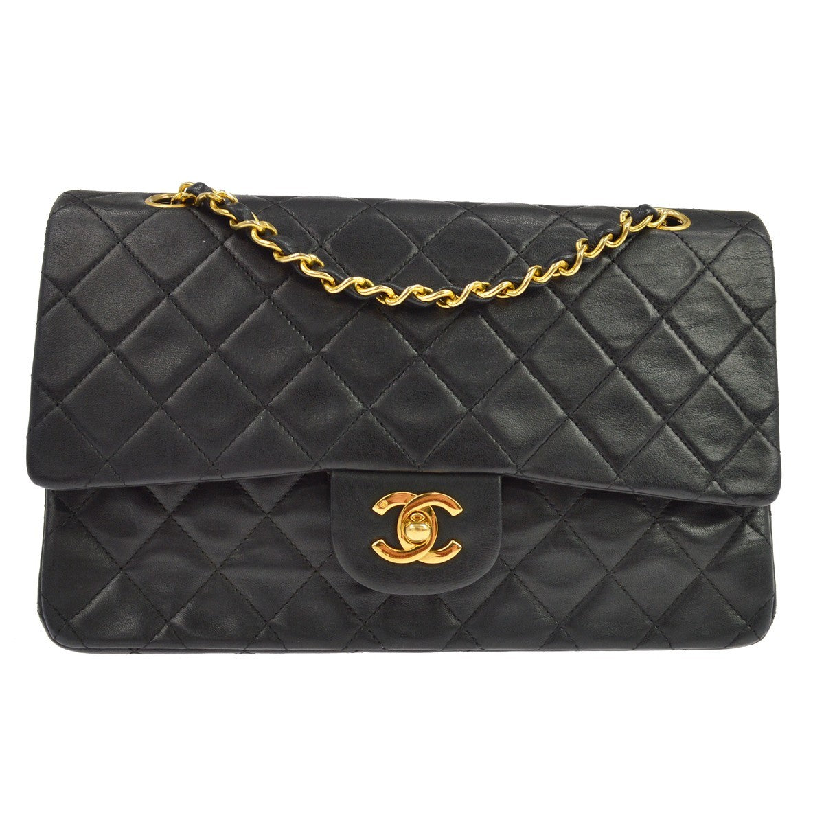 Chanel Vintage Classic Double Flap Quilted Lambskin Black Leather Handbag (Pre-Owned)