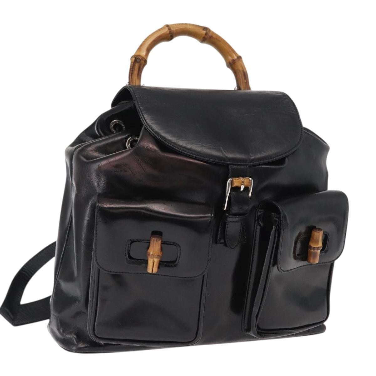 Gucci Vintage Bamboo Leather Black Leather Backpack Bag (Pre-Owned)