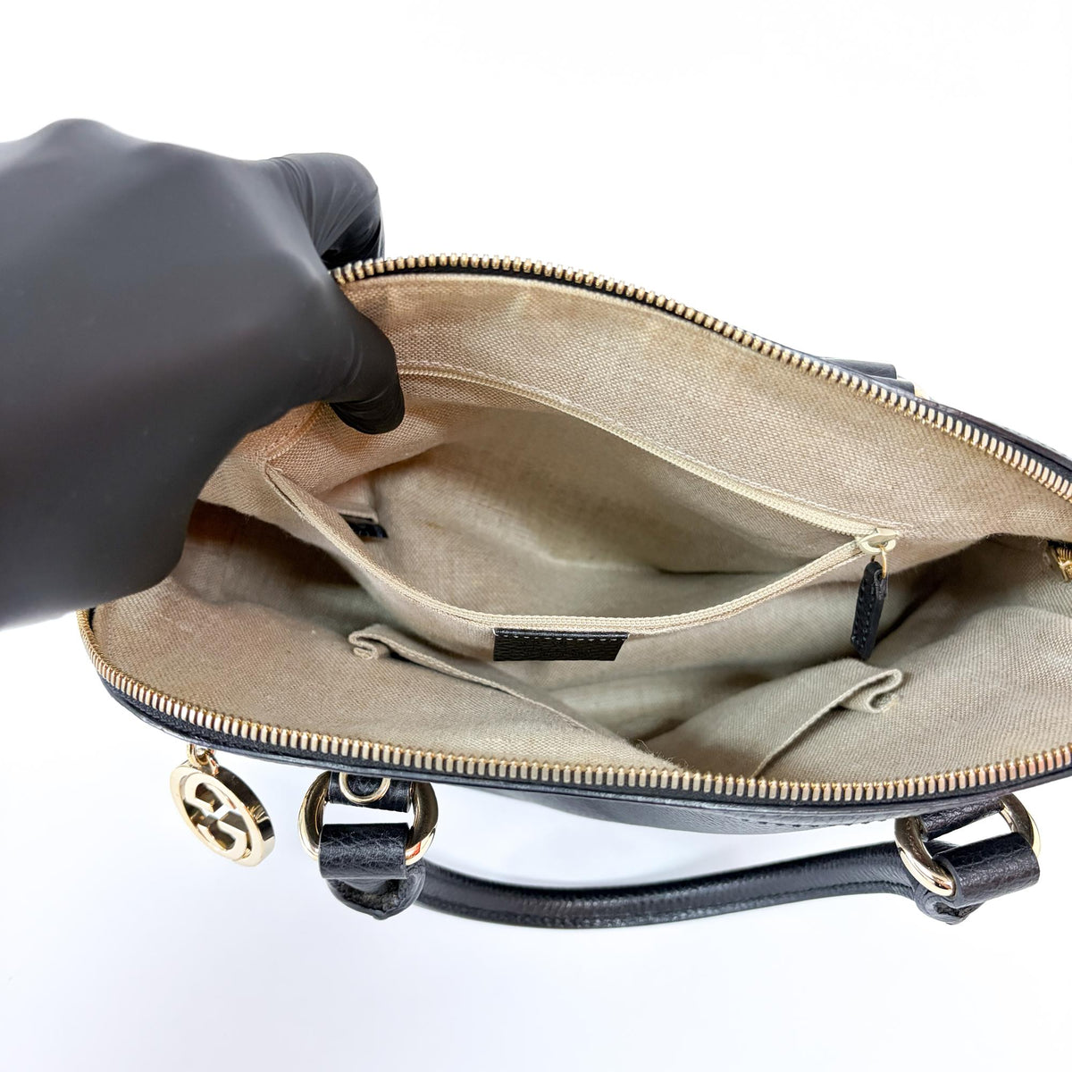 Gucci Dome Bowler Gg Suede Black Leather Handbag (Pre-Owned)