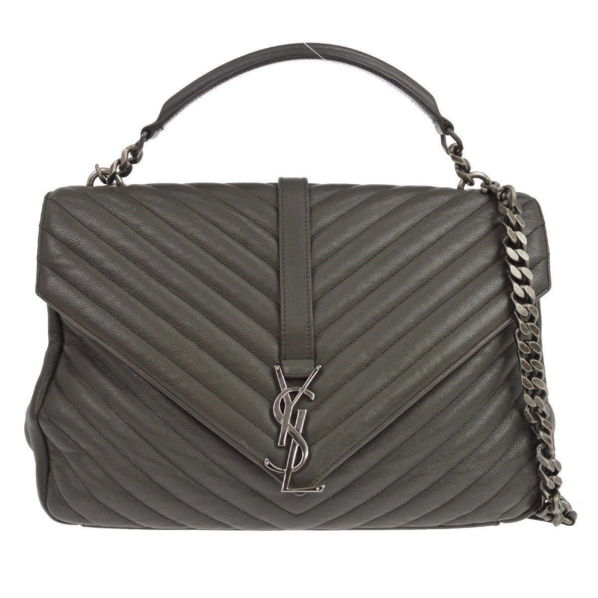 Saint Laurent Classic Monogram College Matelasse Chevron Leather Gray Leather Handbag (Pre-Owned)