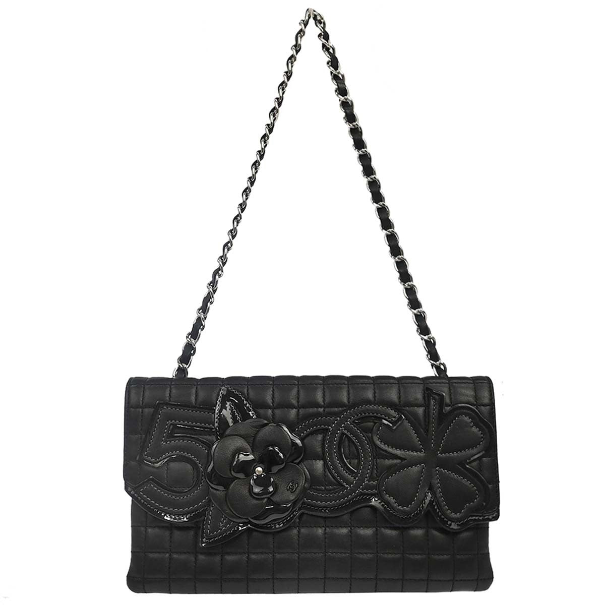 Chanel Camellia No.5 Chain Flap Quilted Lambskin Black Leather Shoulder Bag Bag (Pre-Owned)
