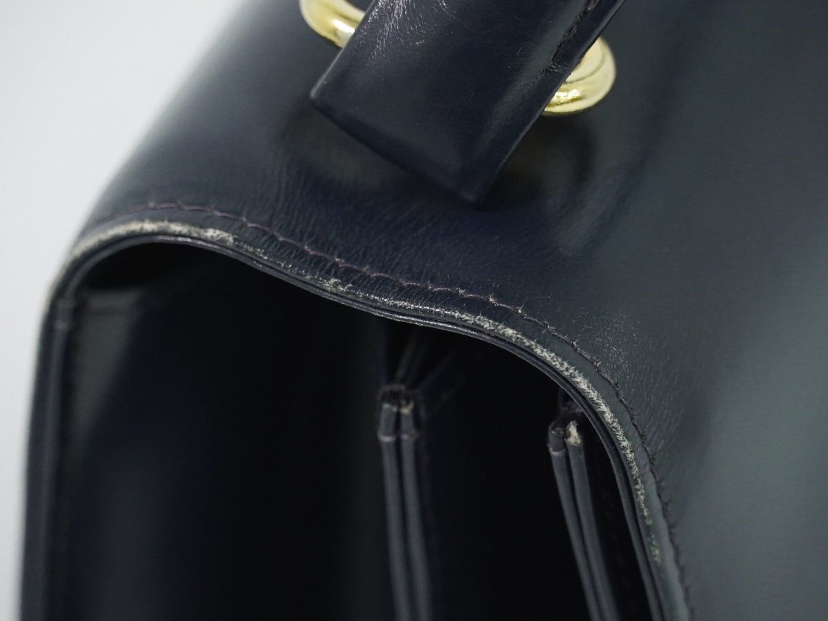 Gucci Vintage Top Handle Flap Leather With Chain Detail Navy Leather Handbag (Pre-Owned)