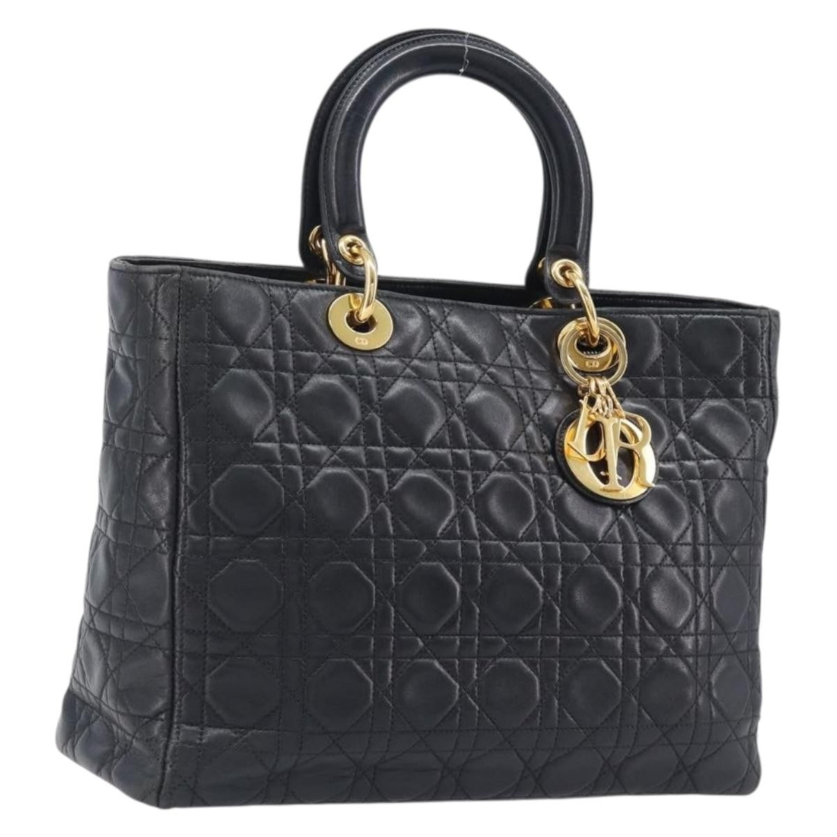 Christian Dior Vintage Lady Dior Cannage Quilt Lambskin Black Leather Handbag (Pre-Owned)