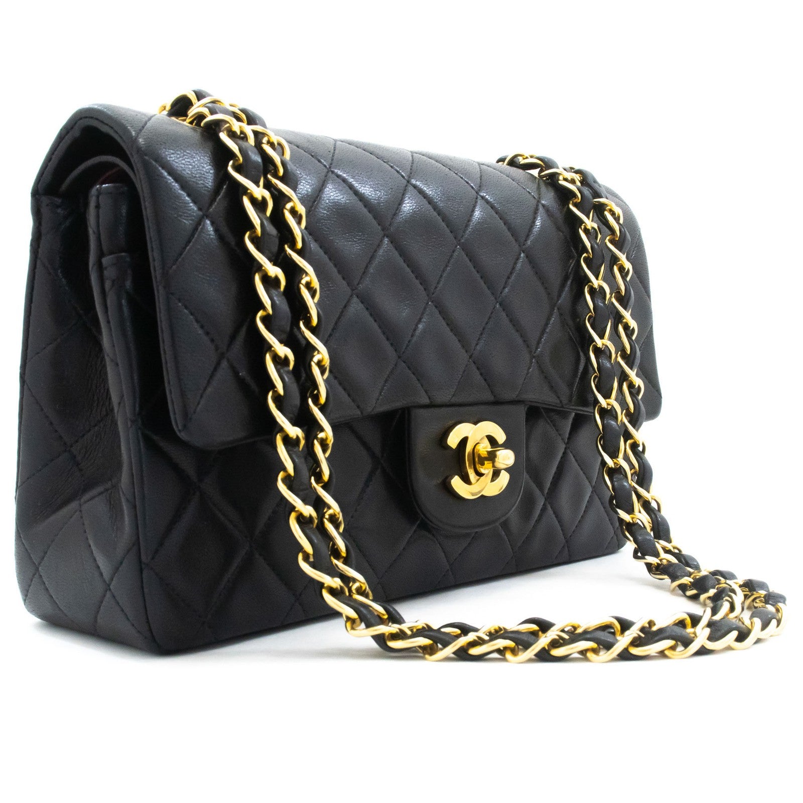 Chanel Vintage Classic Double Flap Quilted Lambskin Black Leather Shoulder Bag Bag (Pre-Owned)
