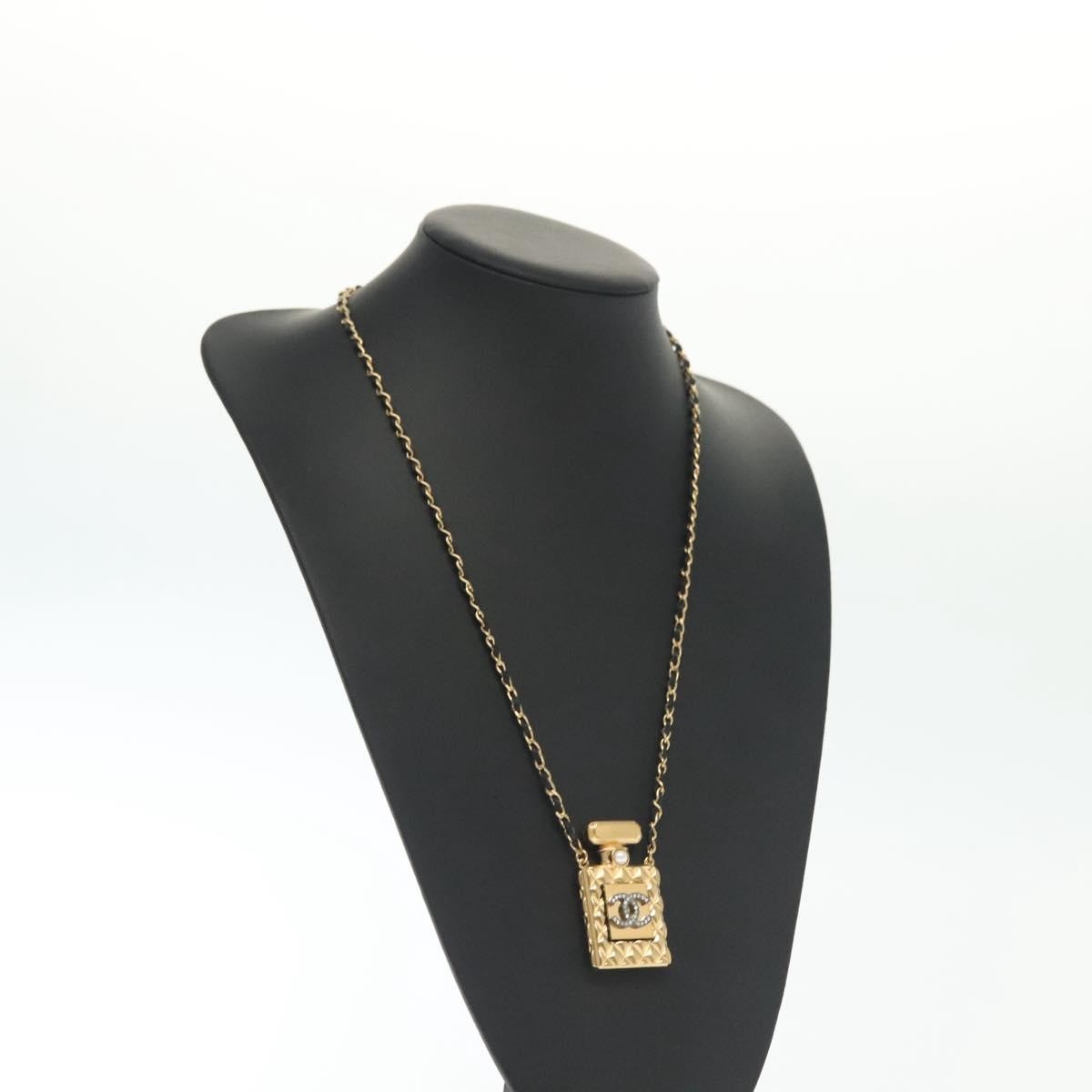 Chanel Cc Perfume Bottle Pendant Chain Long Metal With Leather, Crystals And Faux Pearl Gold Metal Necklace Jewelry (Pre-Owned)