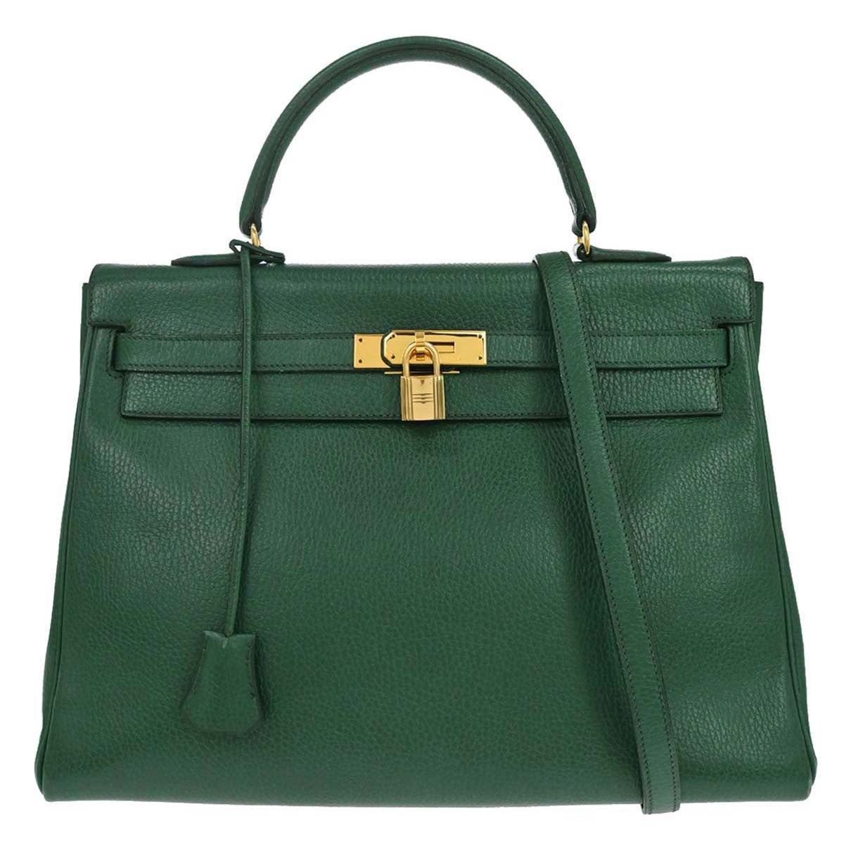 Hermes Kelly 2 Way Taurillon Clemence Green Leather Handbag (Pre-Owned)