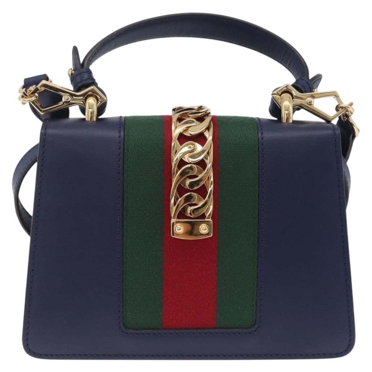 Gucci Sylvie Top Handle Leather Navy Leather Handbag (Pre-Owned)