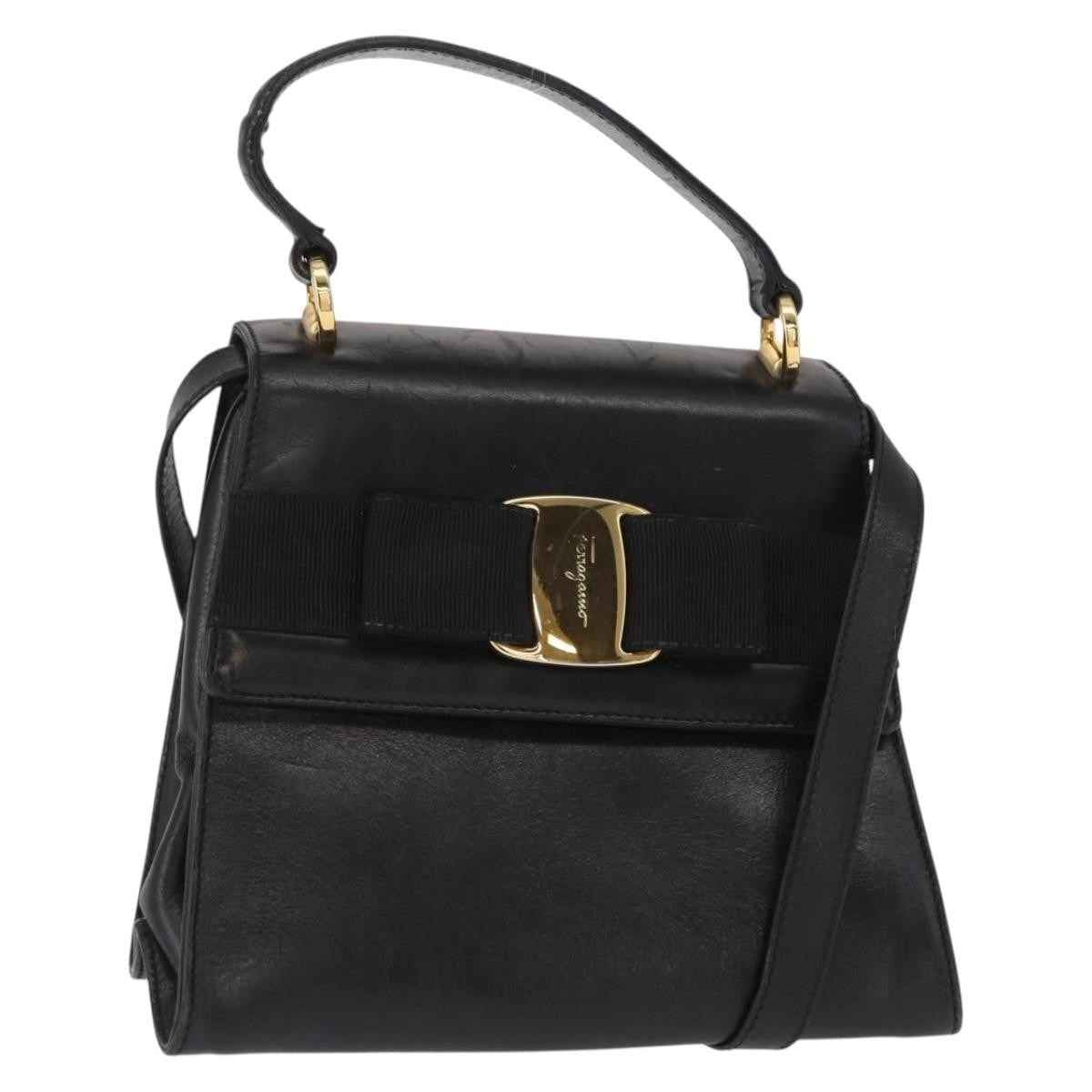 Salvatore Ferragamo Vintage Vara Bow Top Handle Leather Black Leather Handbag (Pre-Owned)