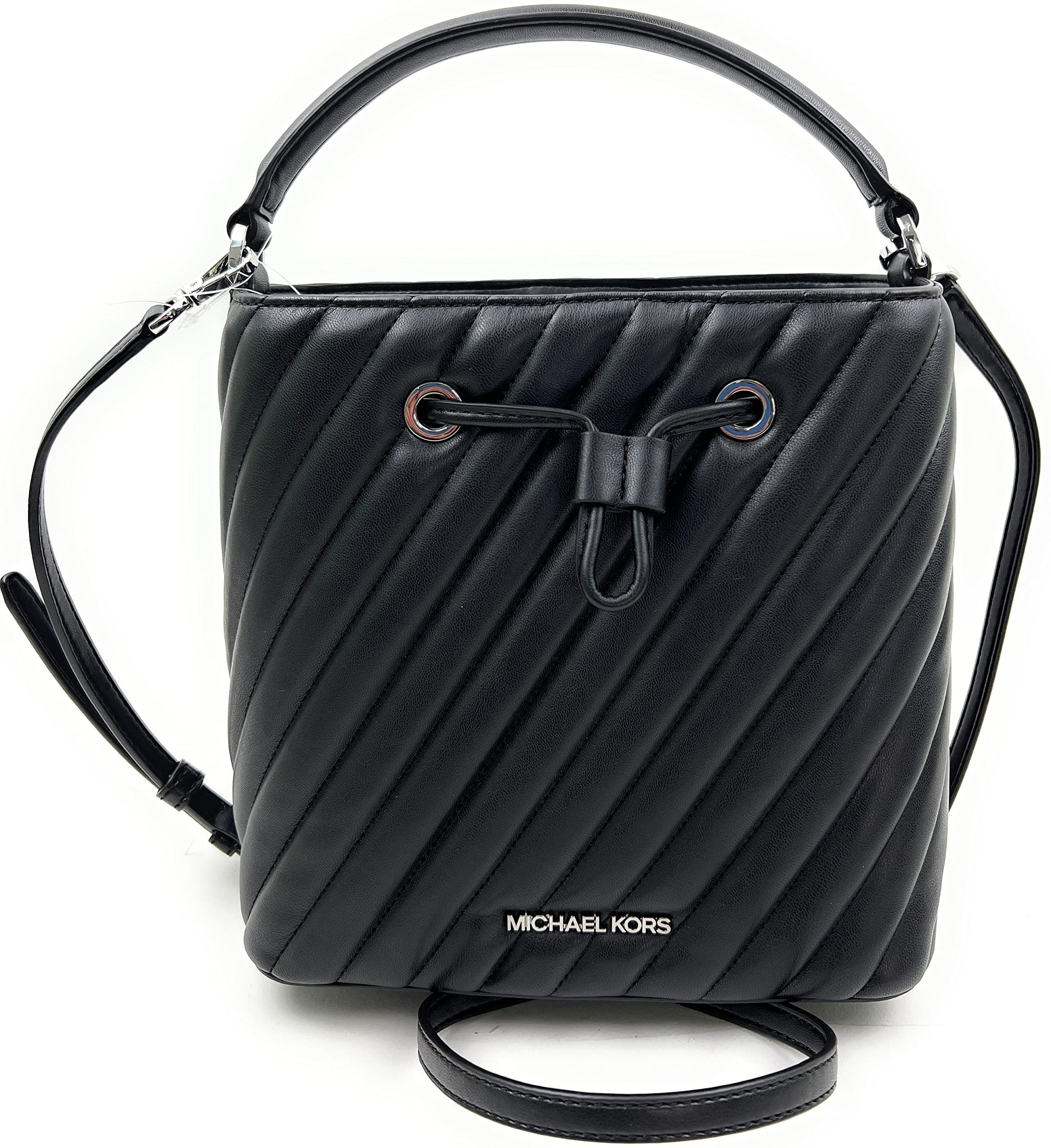 black quilted faux leather bucket backpack Michael Kors Suri Medium Bucket Crossbody Quilted Vegan Faux Leather Bag (Black)