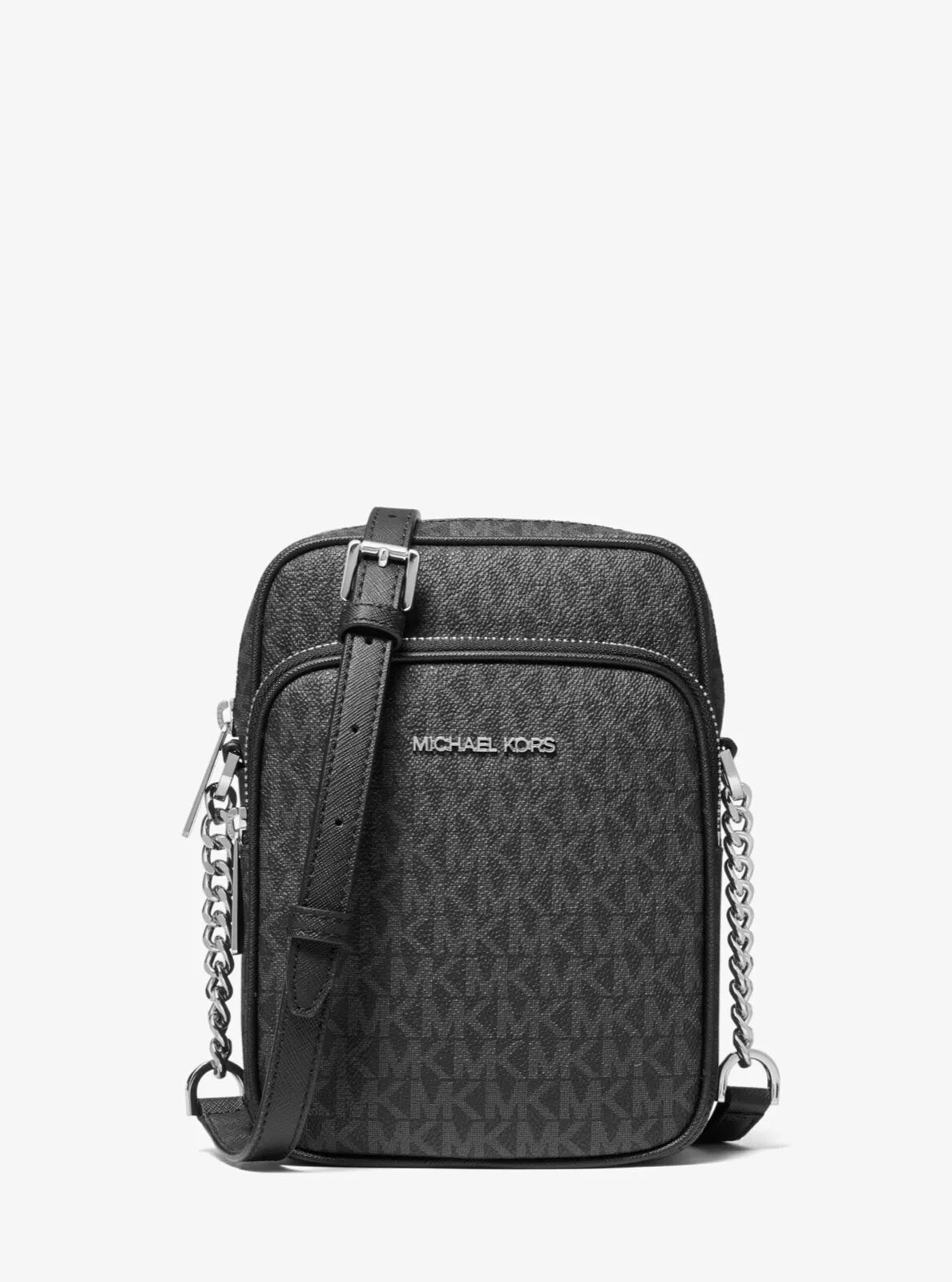 Michael Kors Jet Set Travel Black MK Signature PVC Medium Flight Crossbody Bag