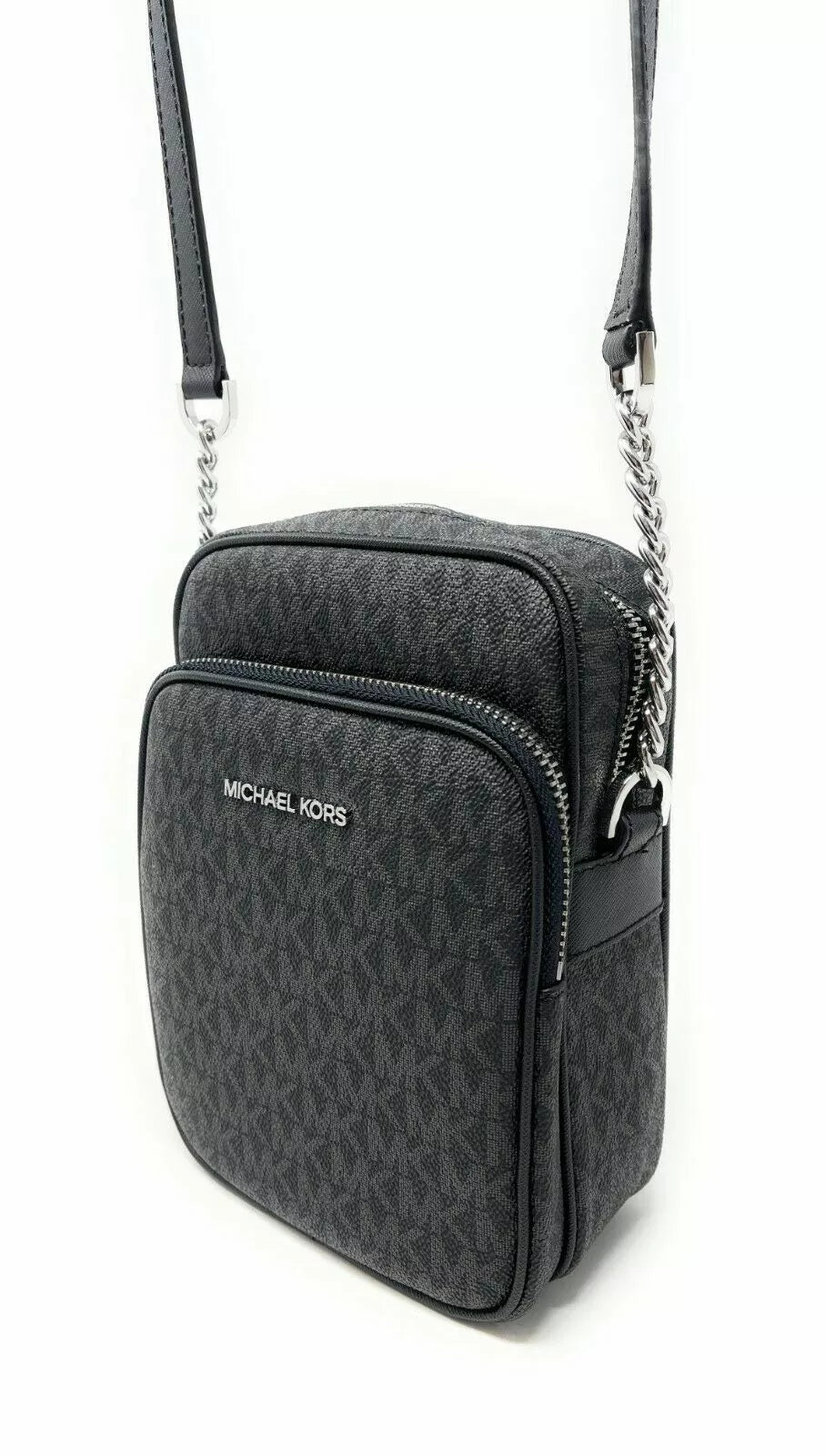 Michael Kors Jet Set Travel Black MK Signature PVC Medium Flight Crossbody Bag