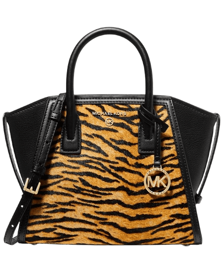 Michael Kors Tiger Brown Multi Print Calf Hair Avril Top Zip Satchel & Key Card