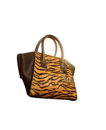 Michael Kors Tiger Brown Multi Print Calf Hair Avril Top Zip Satchel & Key Card
