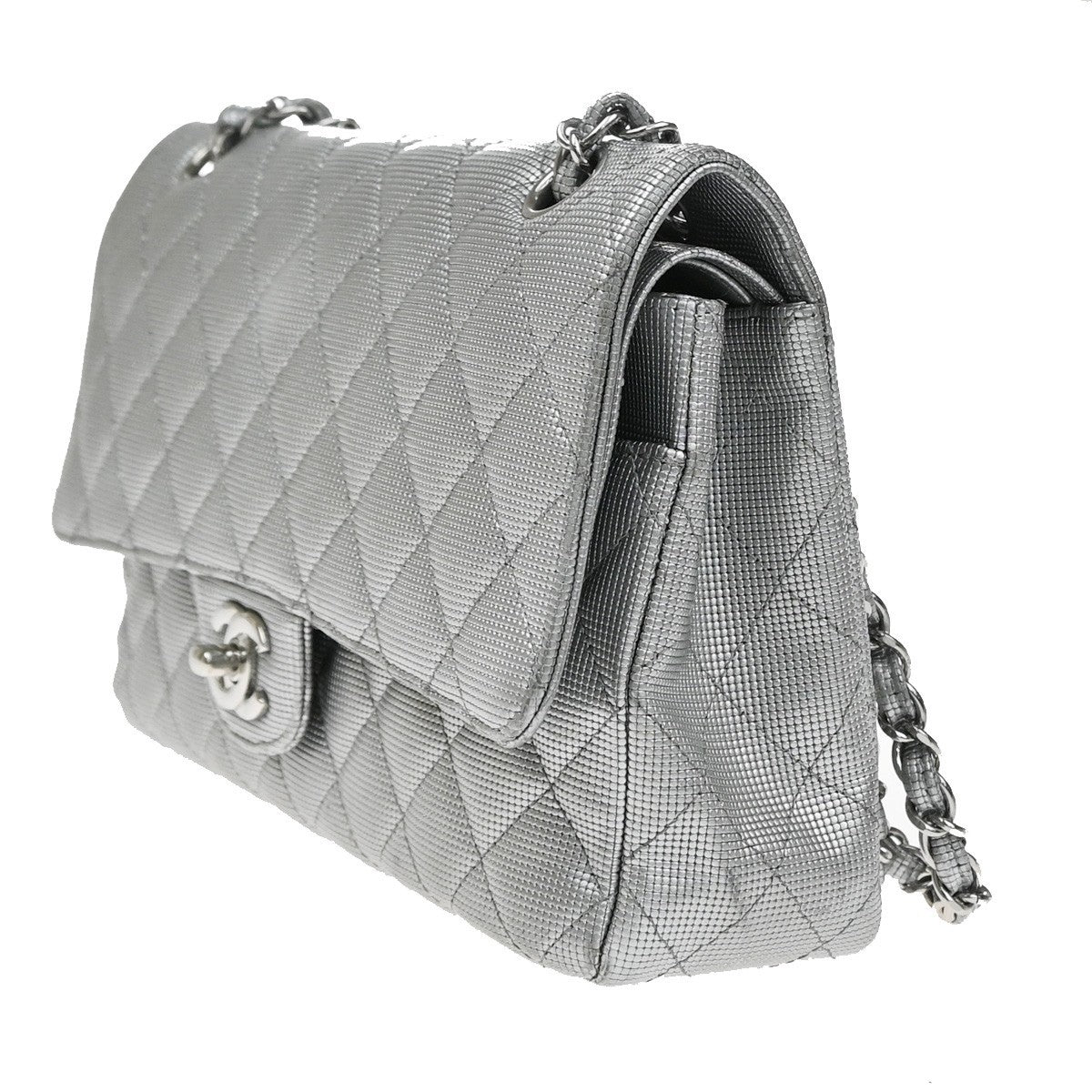 Chanel Classic Timeless Double Flap Pixel Effect Quilted Calfskin Silver Leather Handbag (Pre-Owned)