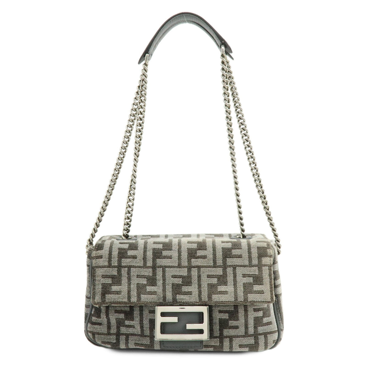Fendi Chain Baguette Zucca Viscose Gray Viscose Handbag (Pre-Owned)