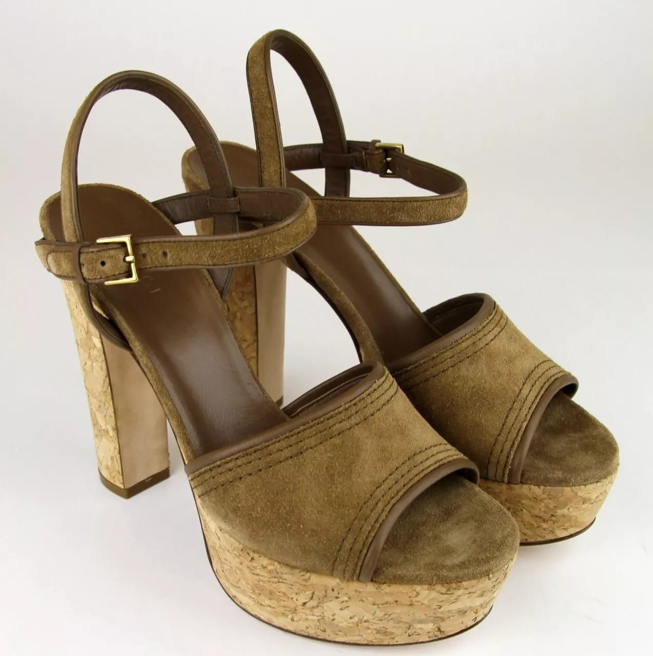 Gucci Danielle Suede Cork Platform Sandal, 38.5/8.5