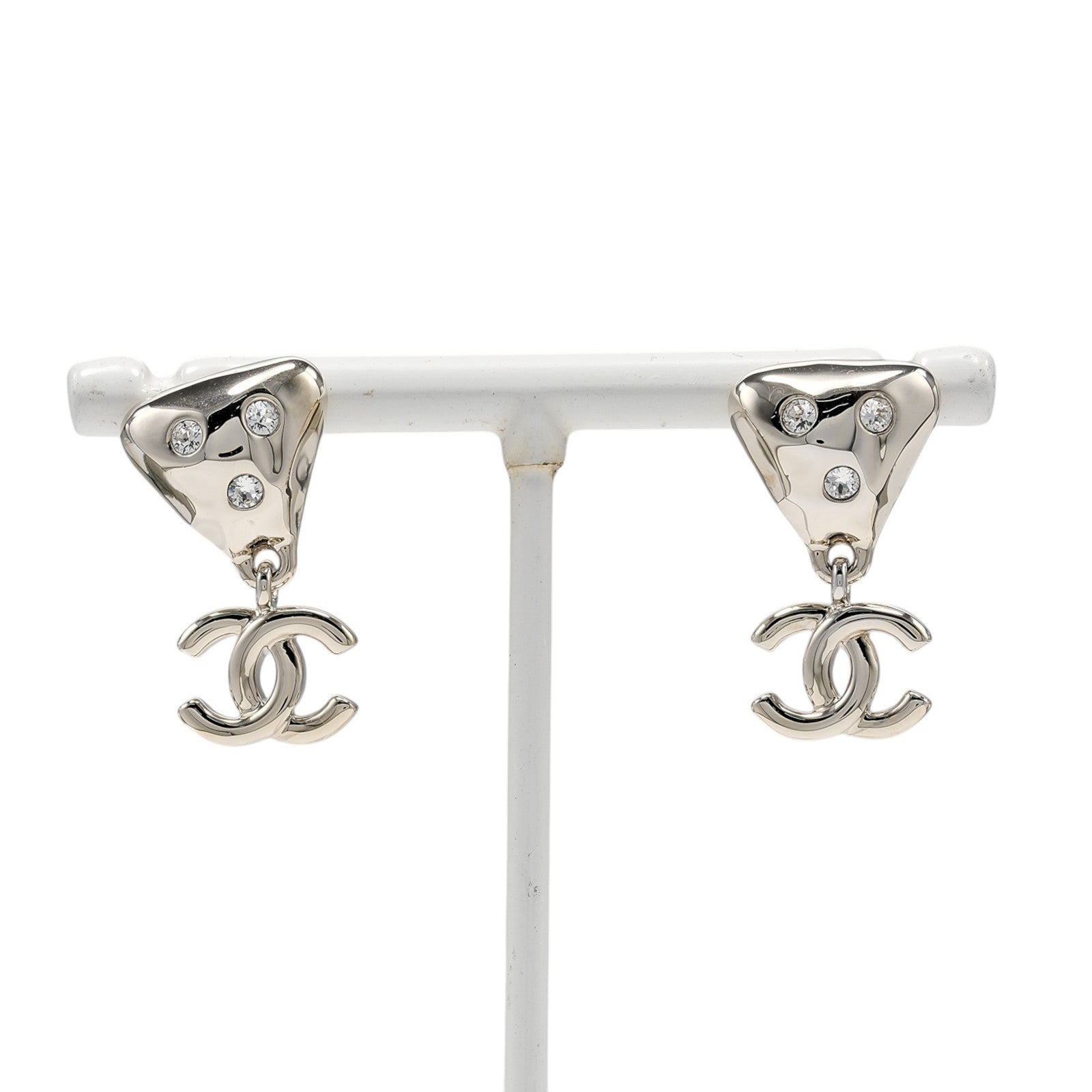 Chanel Cc Drop Stud Metal With Crystal Silver Metal Earrings Jewelry (Pre-Owned)