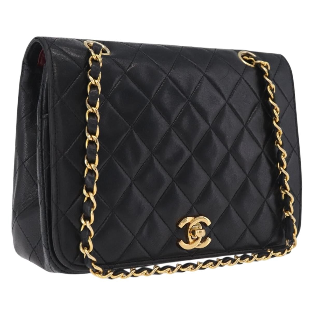 Chanel Vintage Full Flap Quilted Lambskin Black Leather Handbag (Pre-Owned)