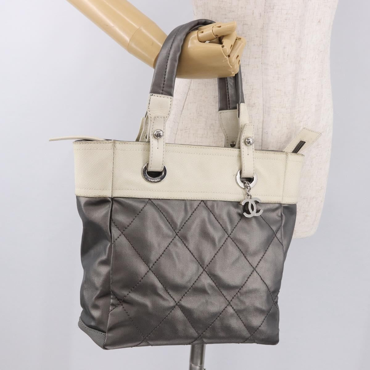 Chanel Biarritz Quilted Canvas Gray Canvas Tote Bag Bag (Pre-Owned)