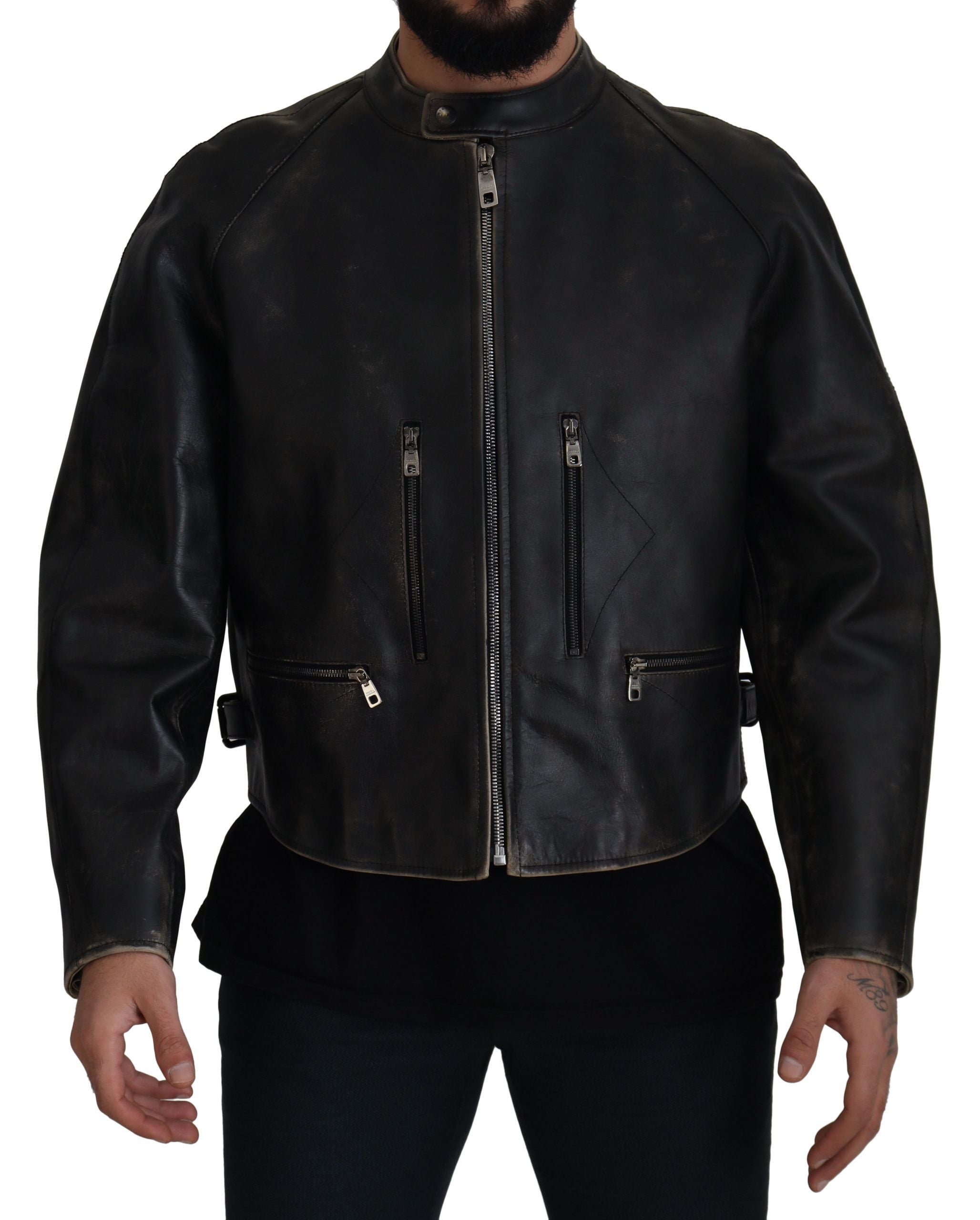 Dolce & Gabbana Black Leather Zipper Biker Coat Men's Jacket