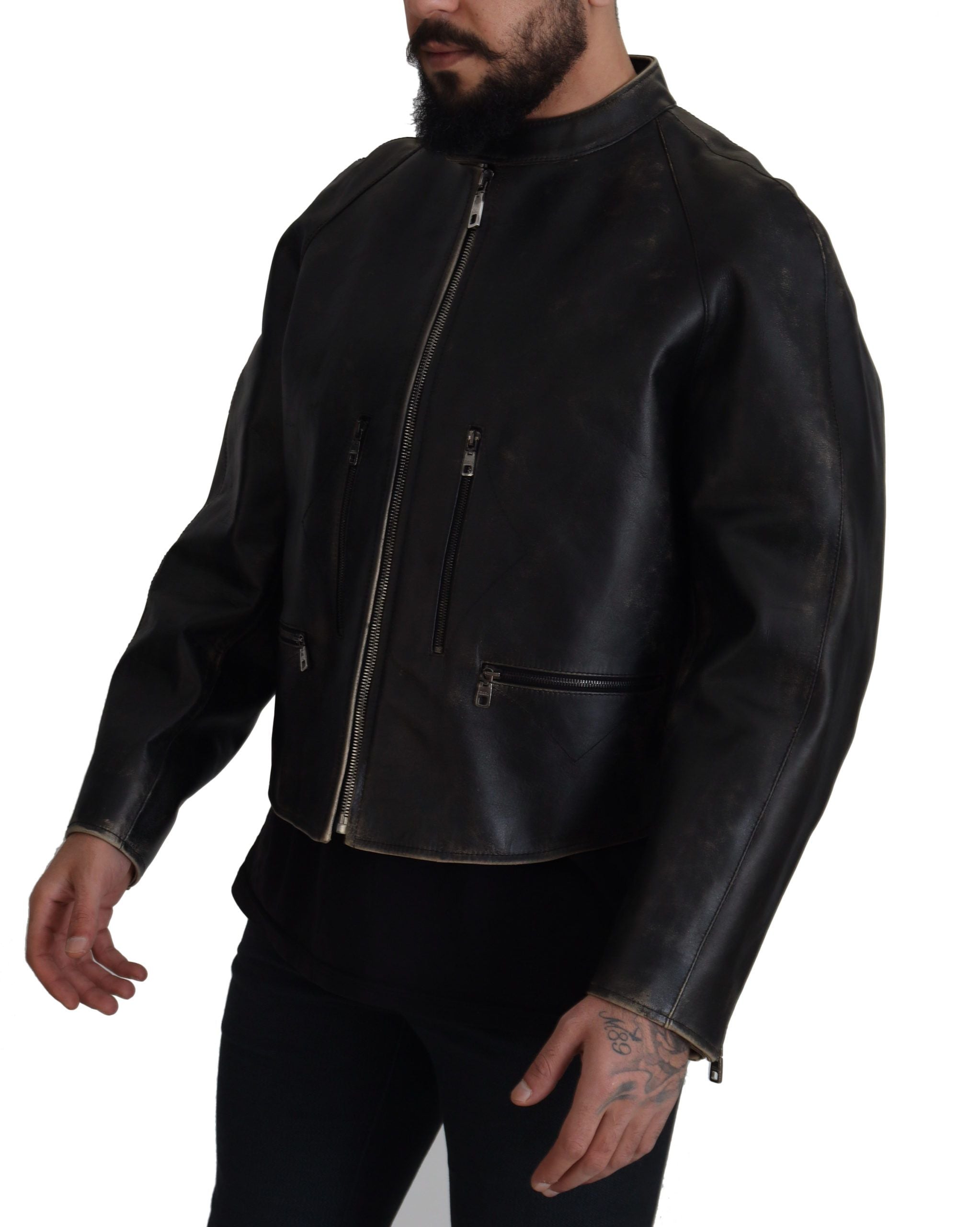 Dolce & Gabbana Black Leather Zipper Biker Coat Men's Jacket