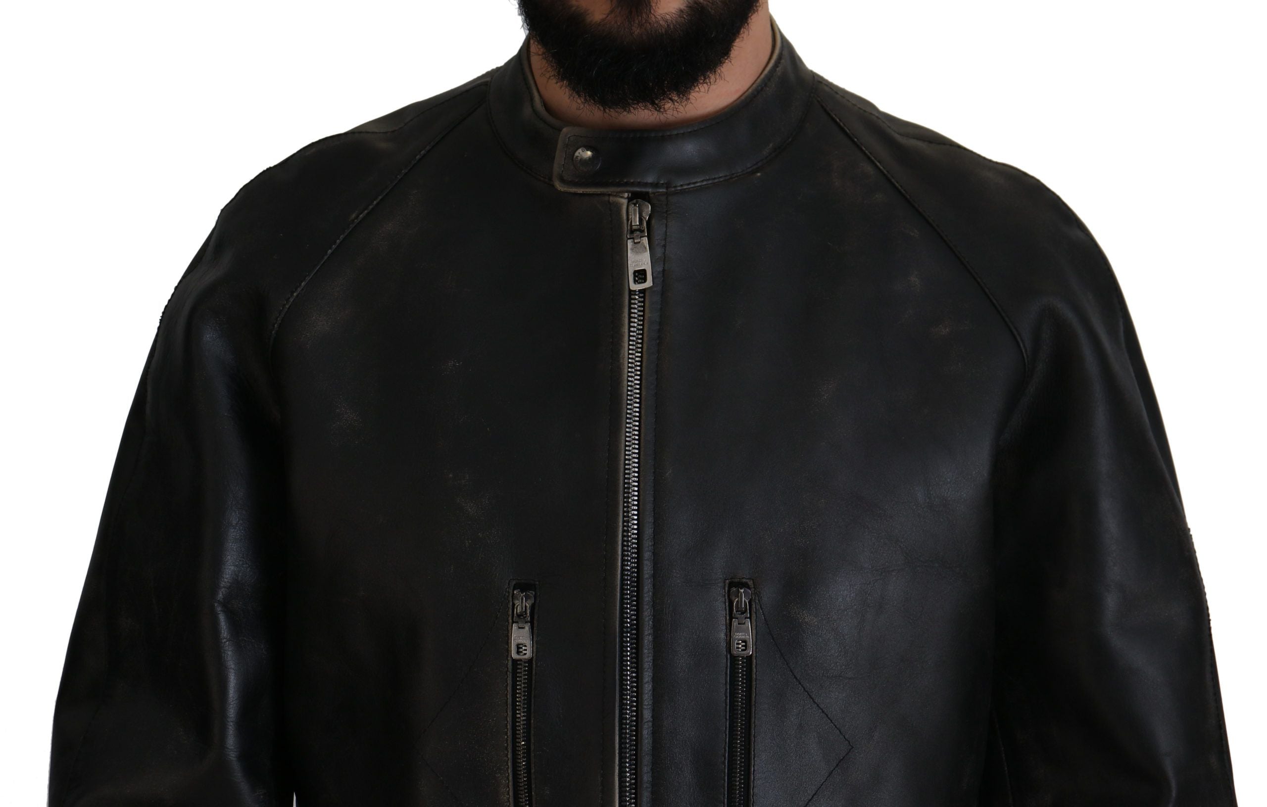 Dolce & Gabbana Black Leather Zipper Biker Coat Men's Jacket
