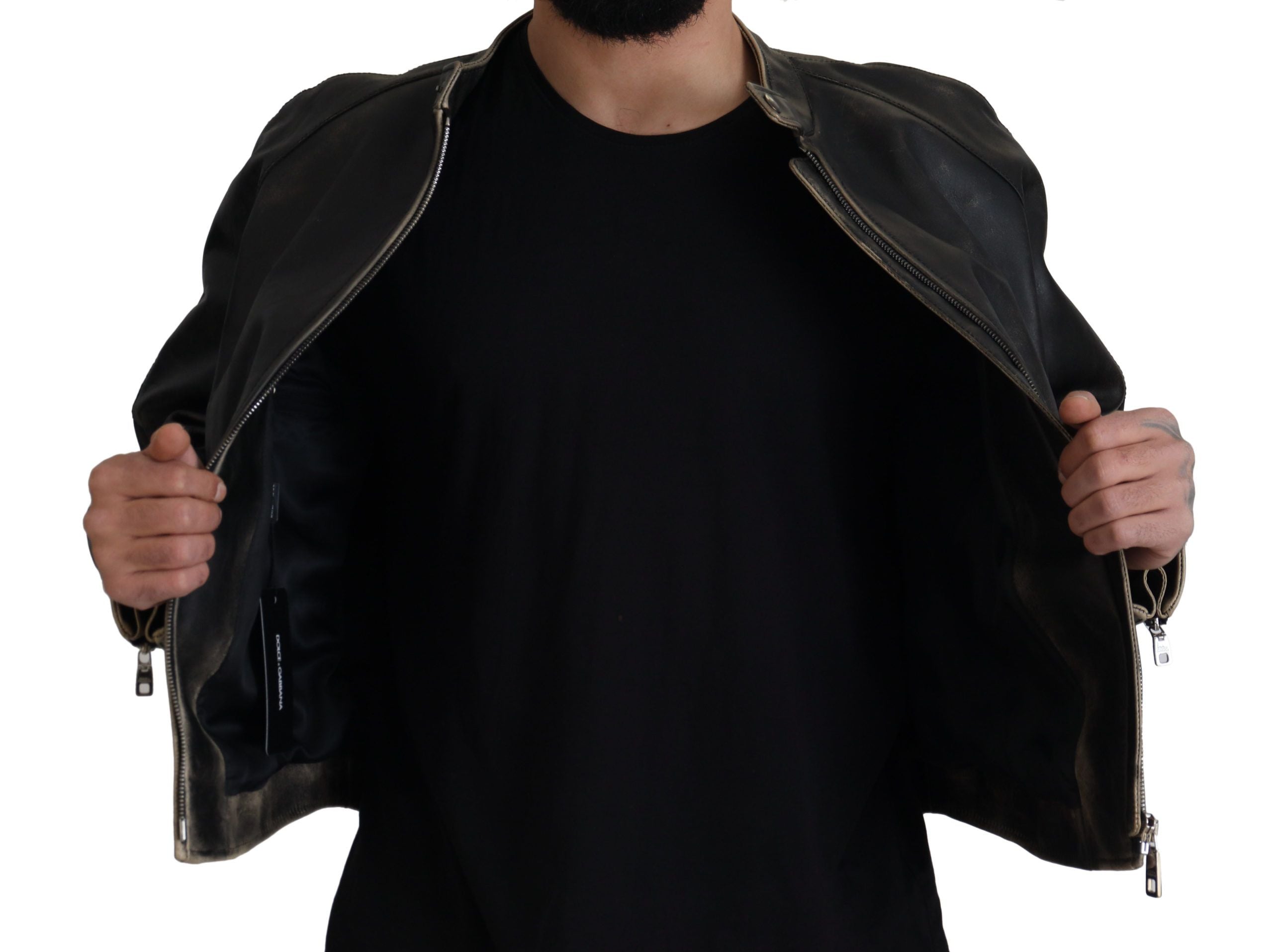 Dolce & Gabbana Black Leather Zipper Biker Coat Men's Jacket