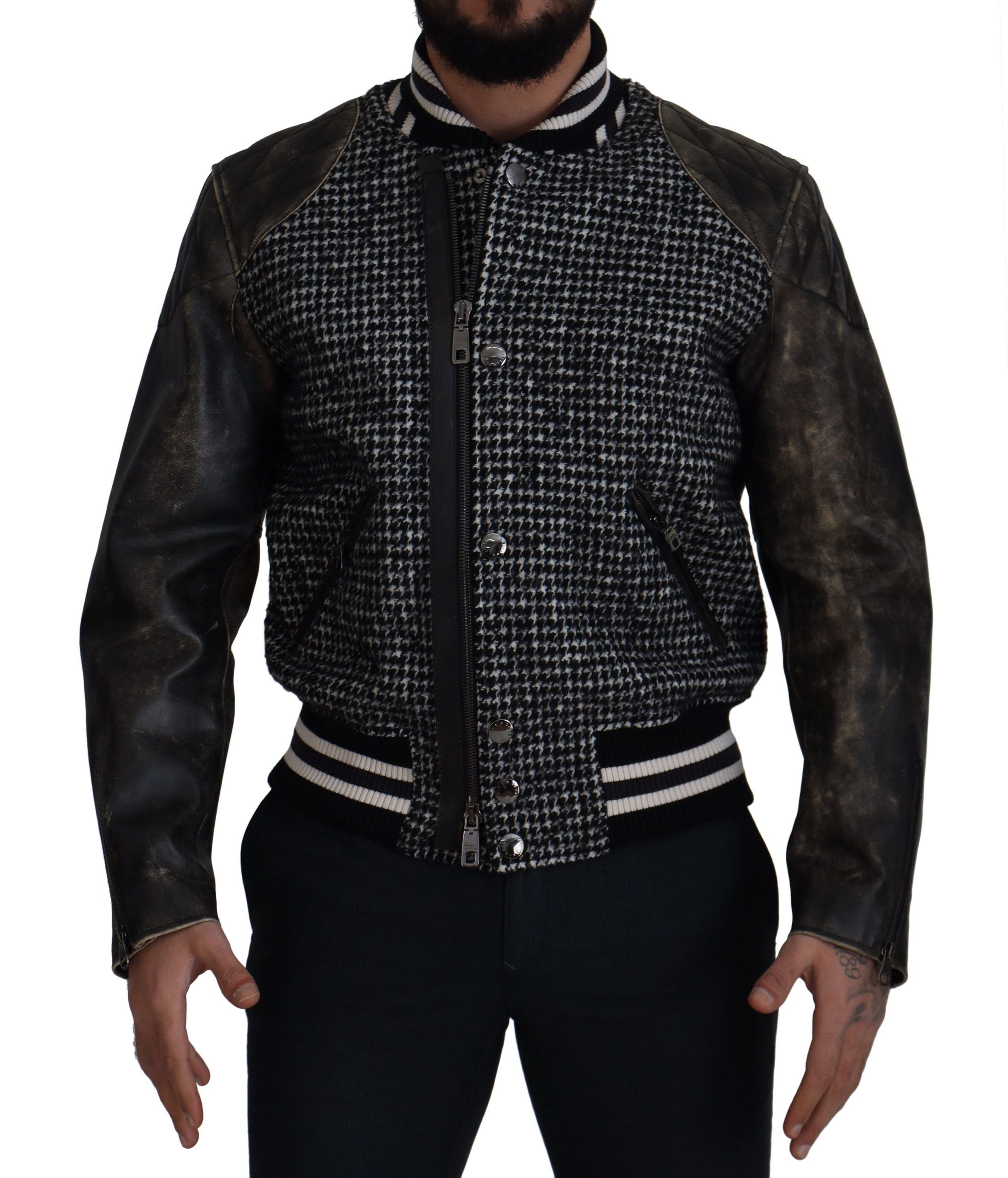 Dolce & Gabbana Dark Gray Houndstooth Polyester Bomber Men's Jacket