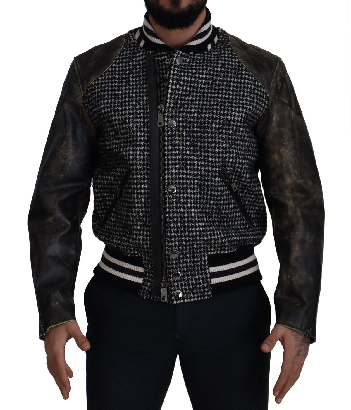 Dolce & Gabbana Dark Gray Houndstooth Polyester Bomber Men's Jacket