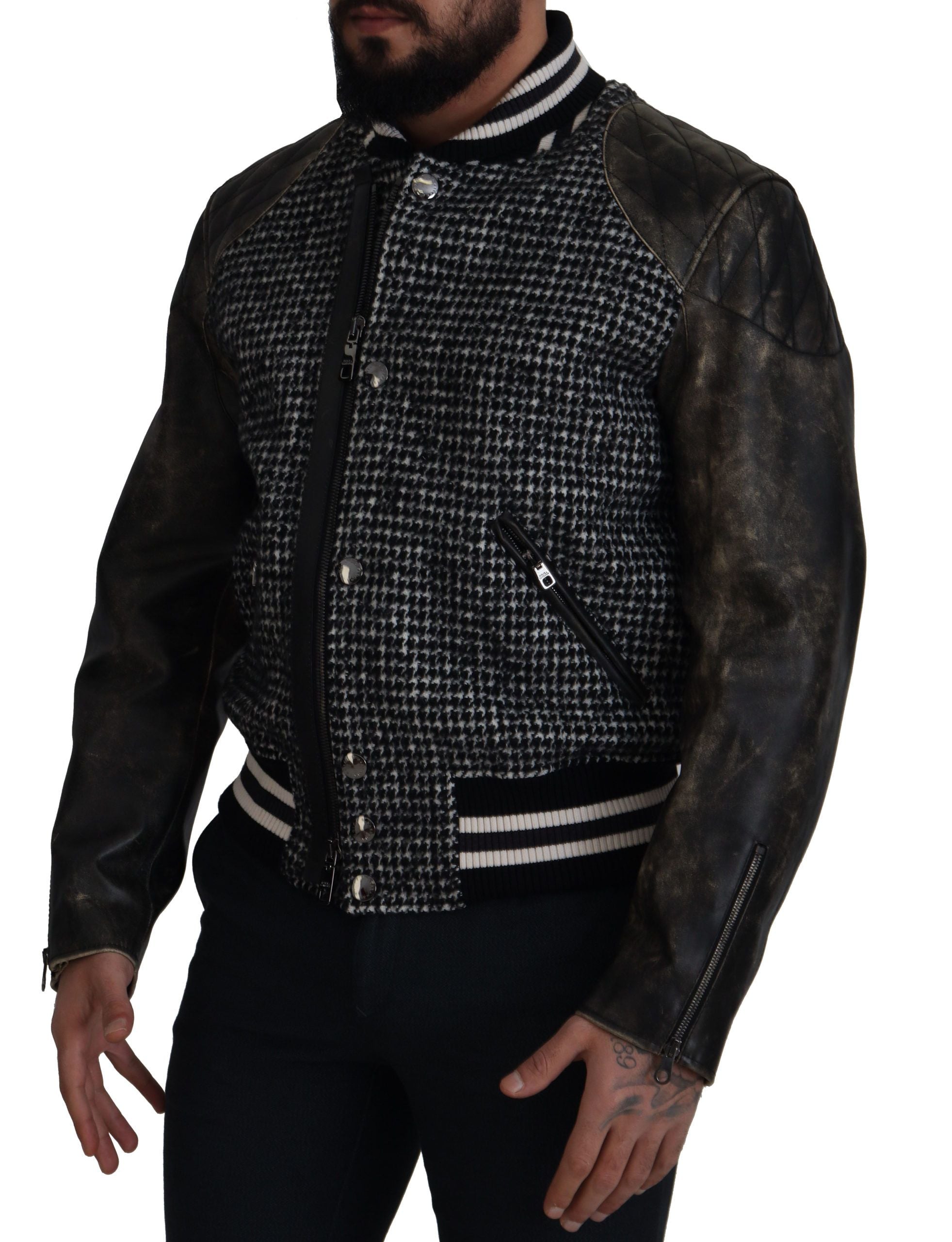 Dolce & Gabbana Dark Gray Houndstooth Polyester Bomber Men's Jacket