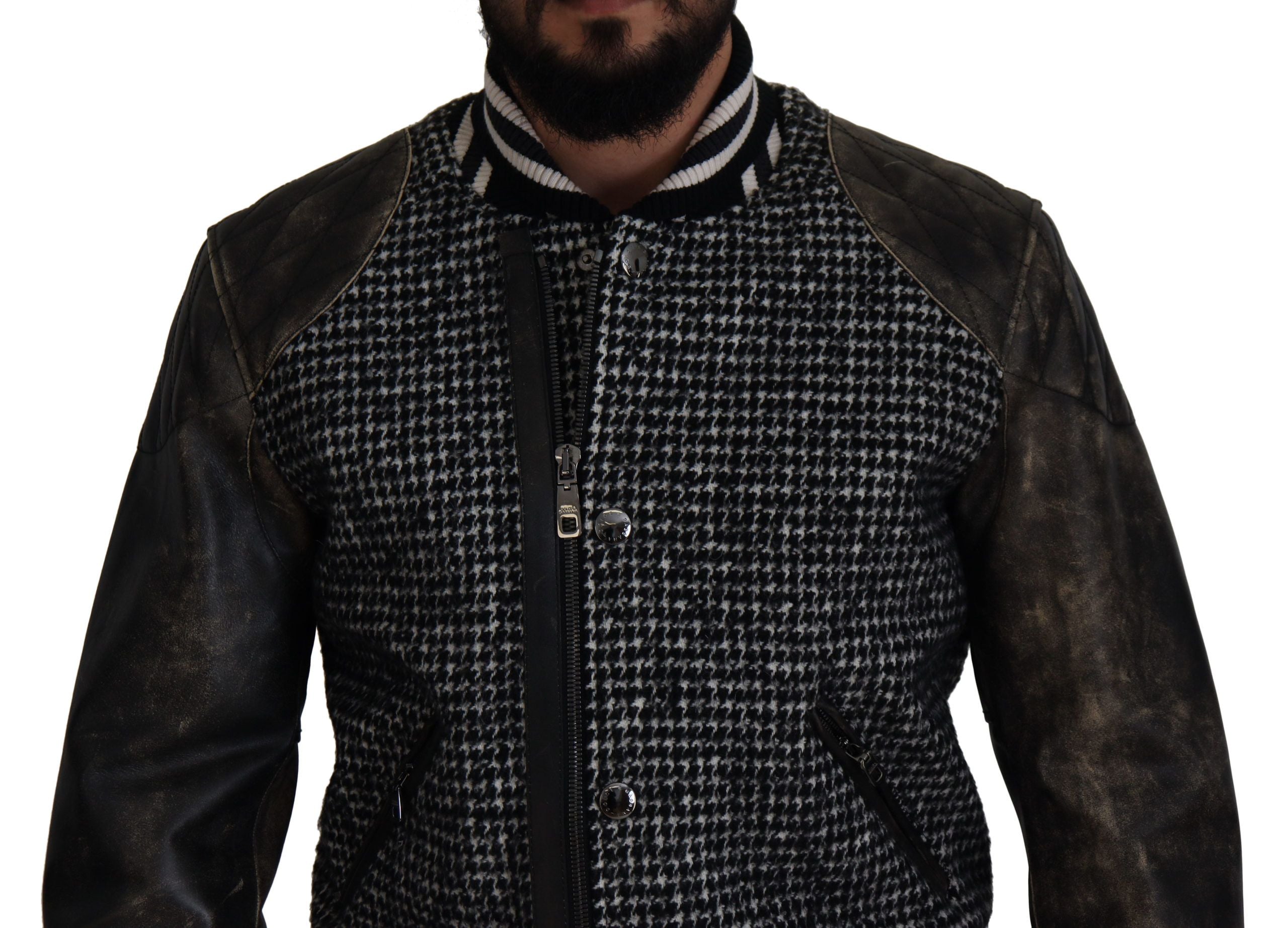 Dolce & Gabbana Dark Gray Houndstooth Polyester Bomber Men's Jacket