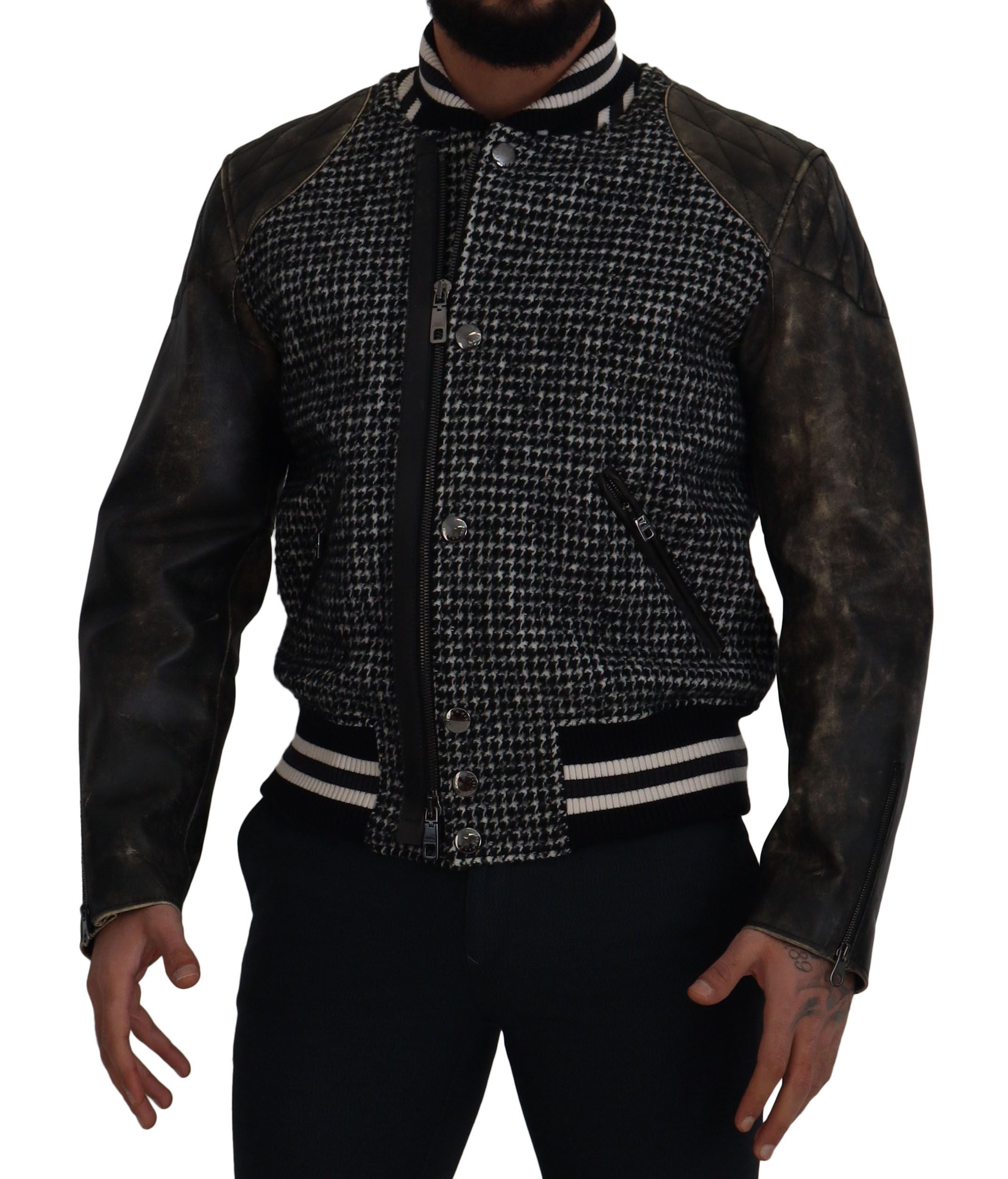 Dolce & Gabbana Dark Gray Houndstooth Polyester Bomber Men's Jacket