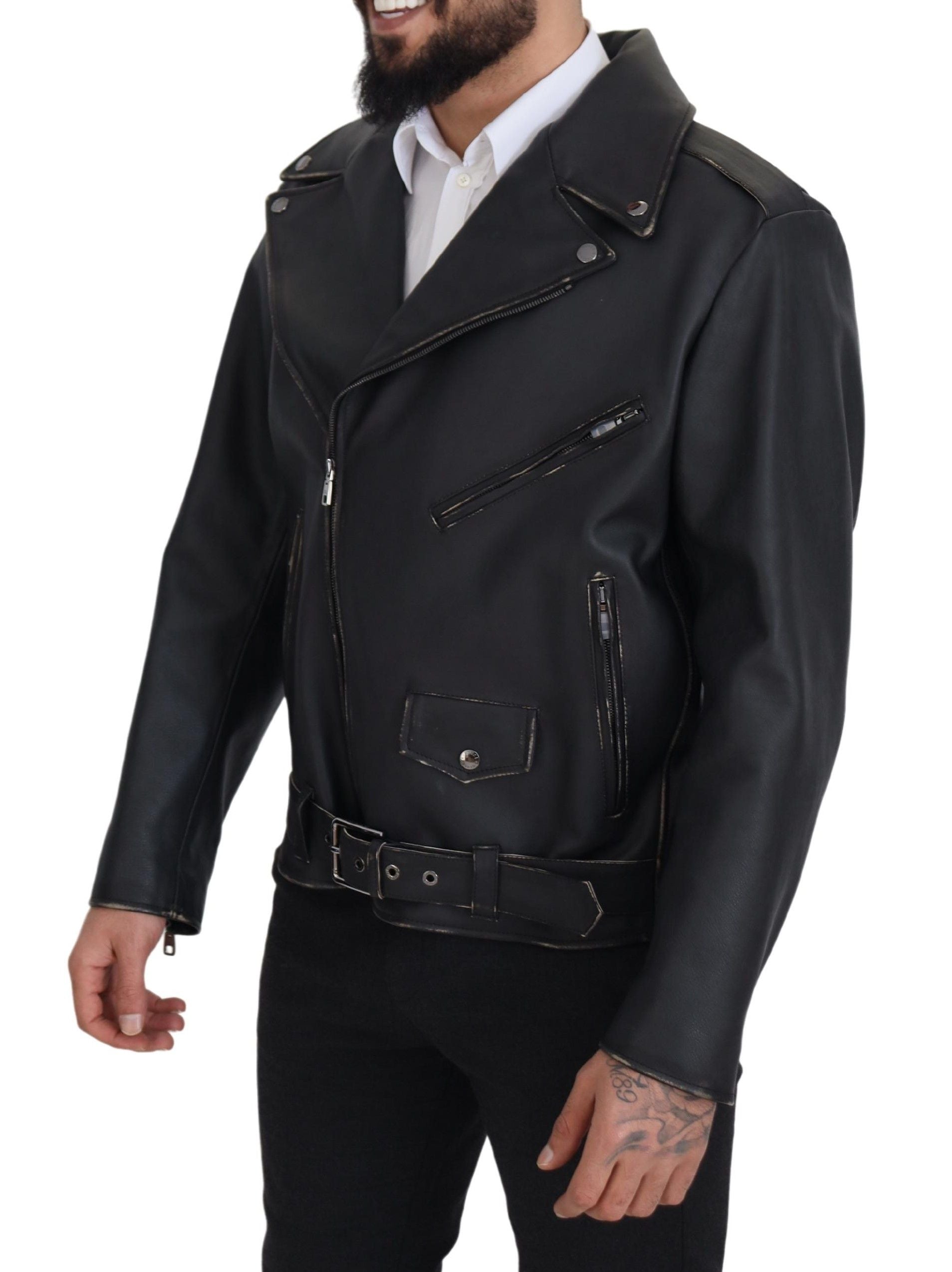 Dolce & Gabbana Black Leather Biker Coat Zipper Men's Jacket
