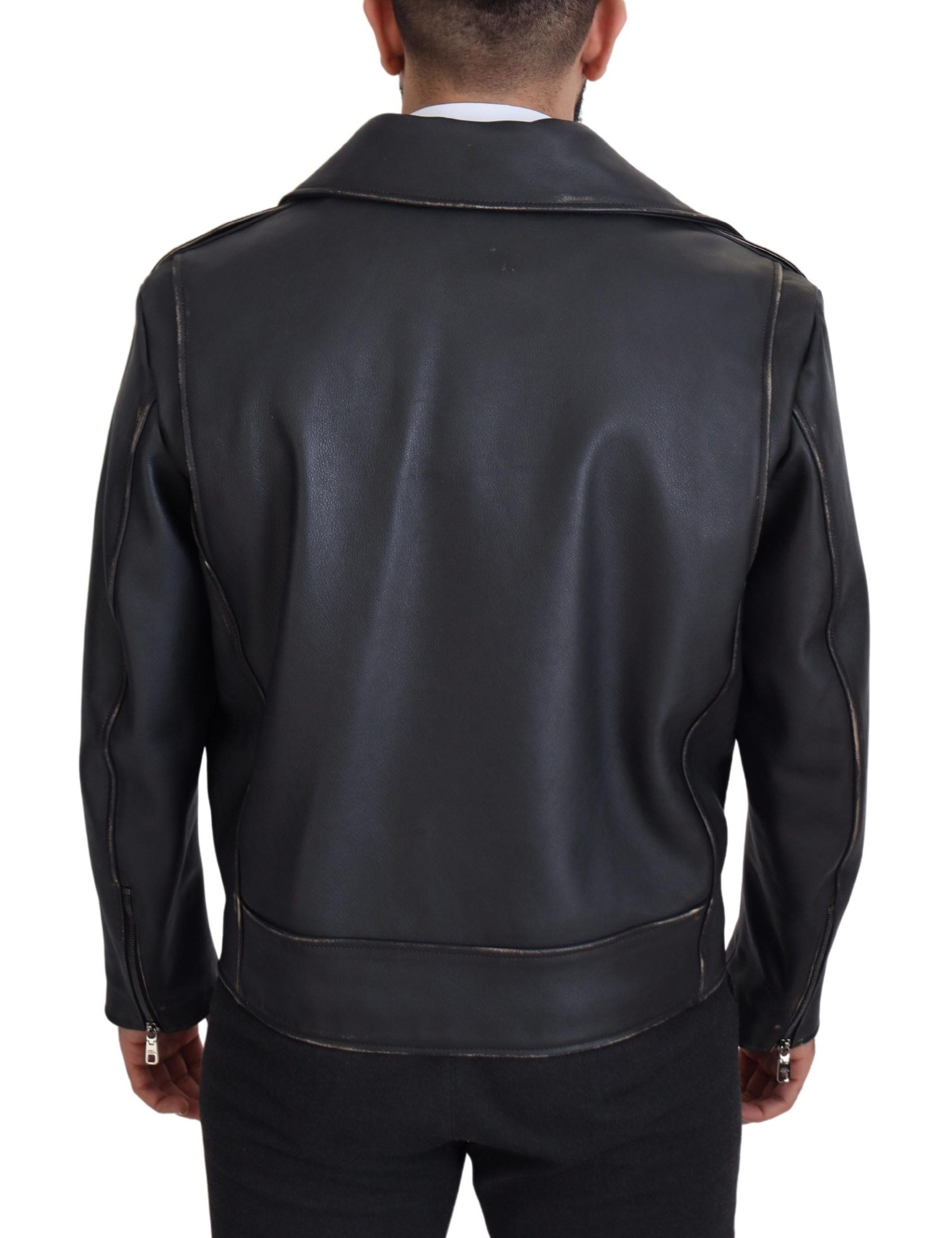 Dolce & Gabbana Black Leather Biker Coat Zipper Men's Jacket