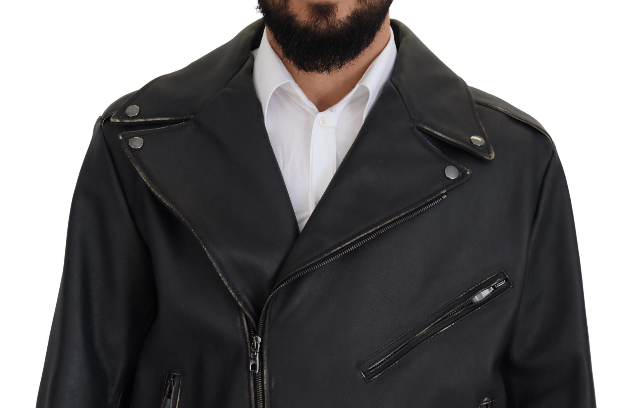 Dolce & Gabbana Black Leather Biker Coat Zipper Men's Jacket
