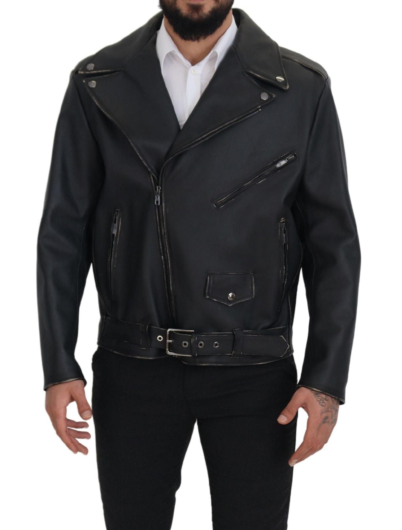 Dolce & Gabbana Black Leather Biker Coat Zipper Men's Jacket
