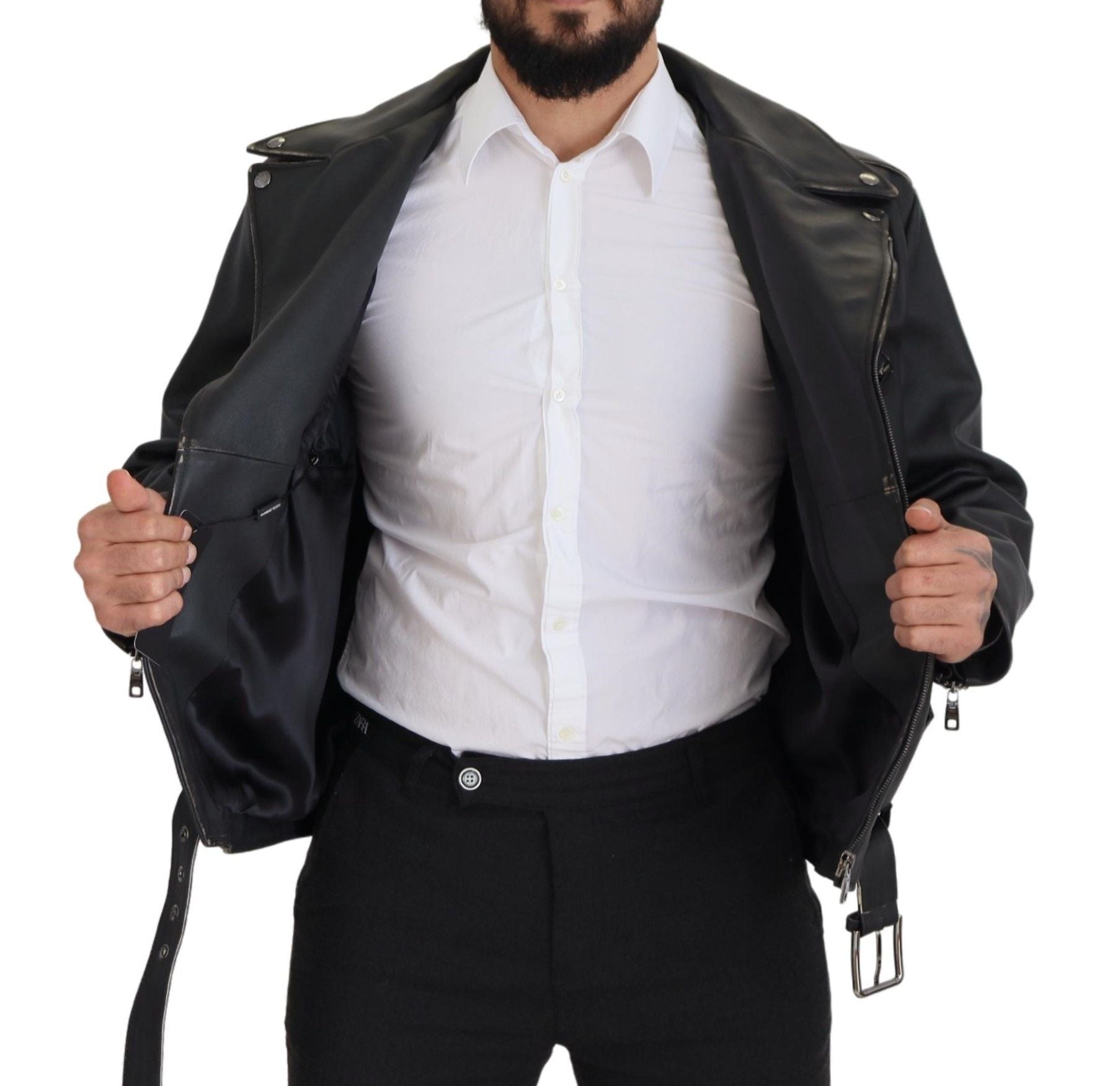 Dolce & Gabbana Black Leather Biker Coat Zipper Men's Jacket