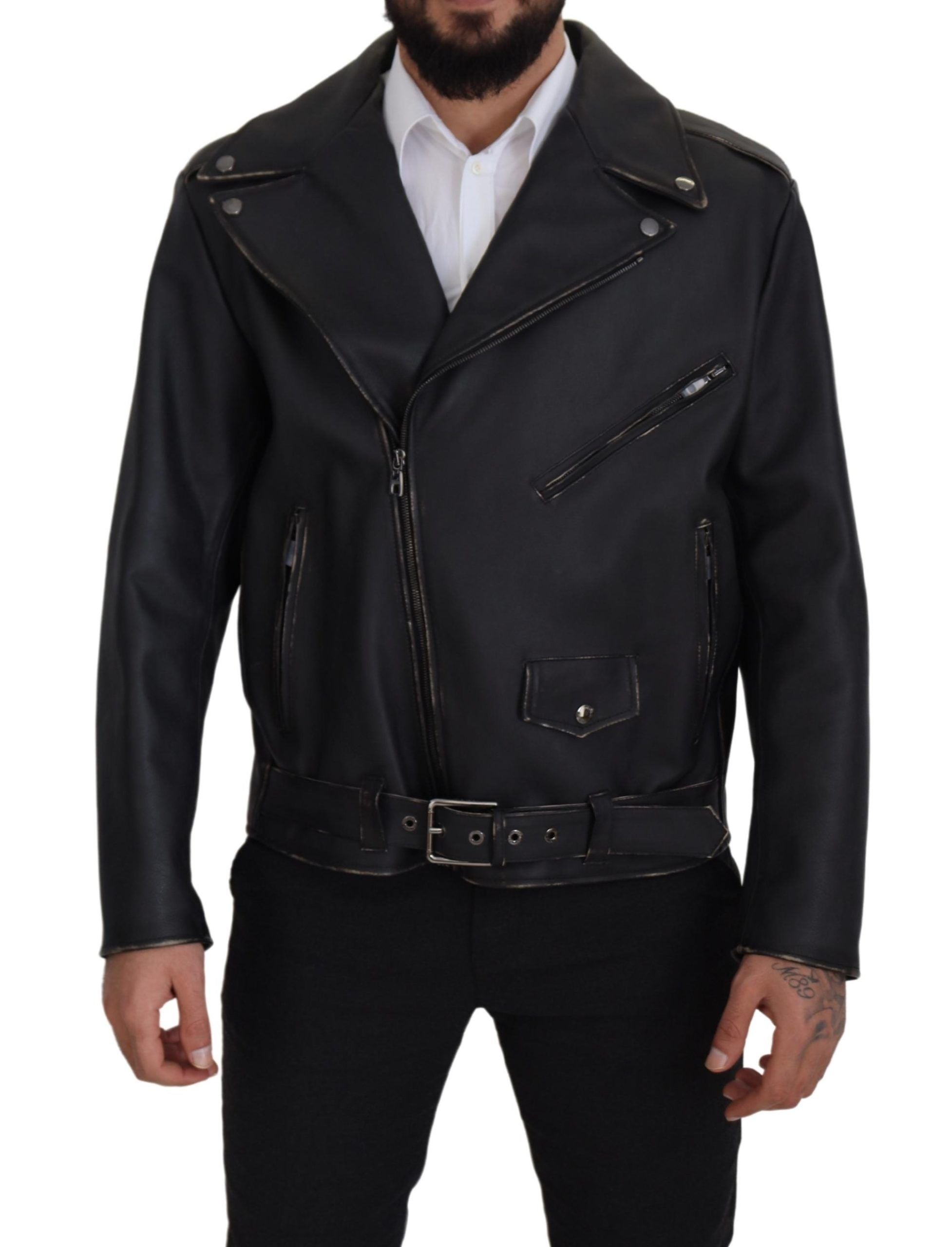 Dolce & Gabbana Black Leather Biker Coat Zipper Men's Jacket