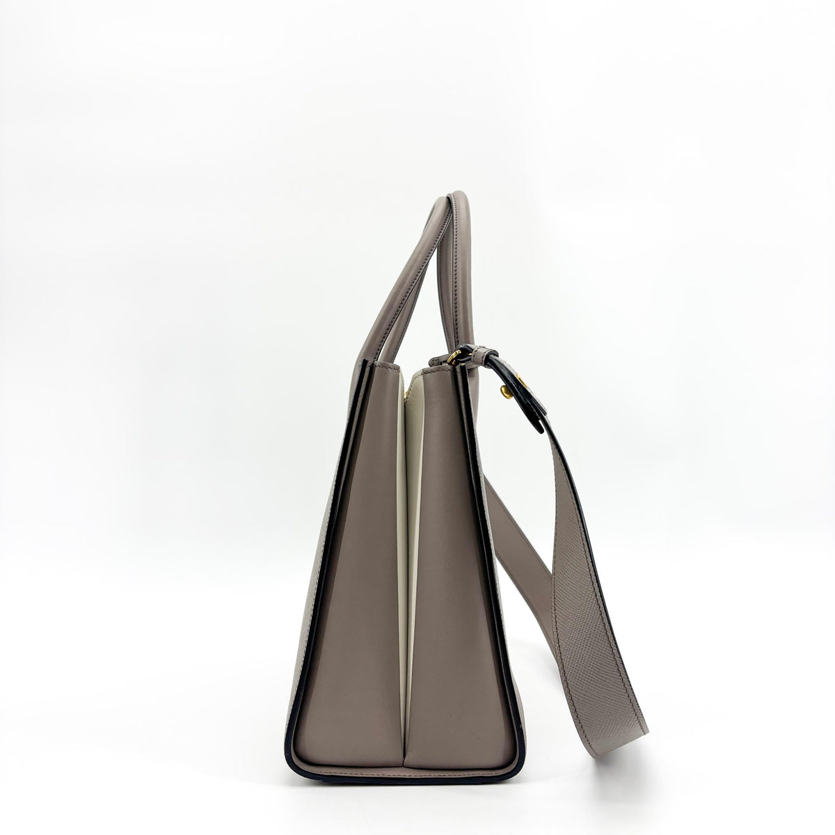 Prada Side Pleat Saffiano Leather Gray Leather Tote Bag Bag (Pre-Owned)