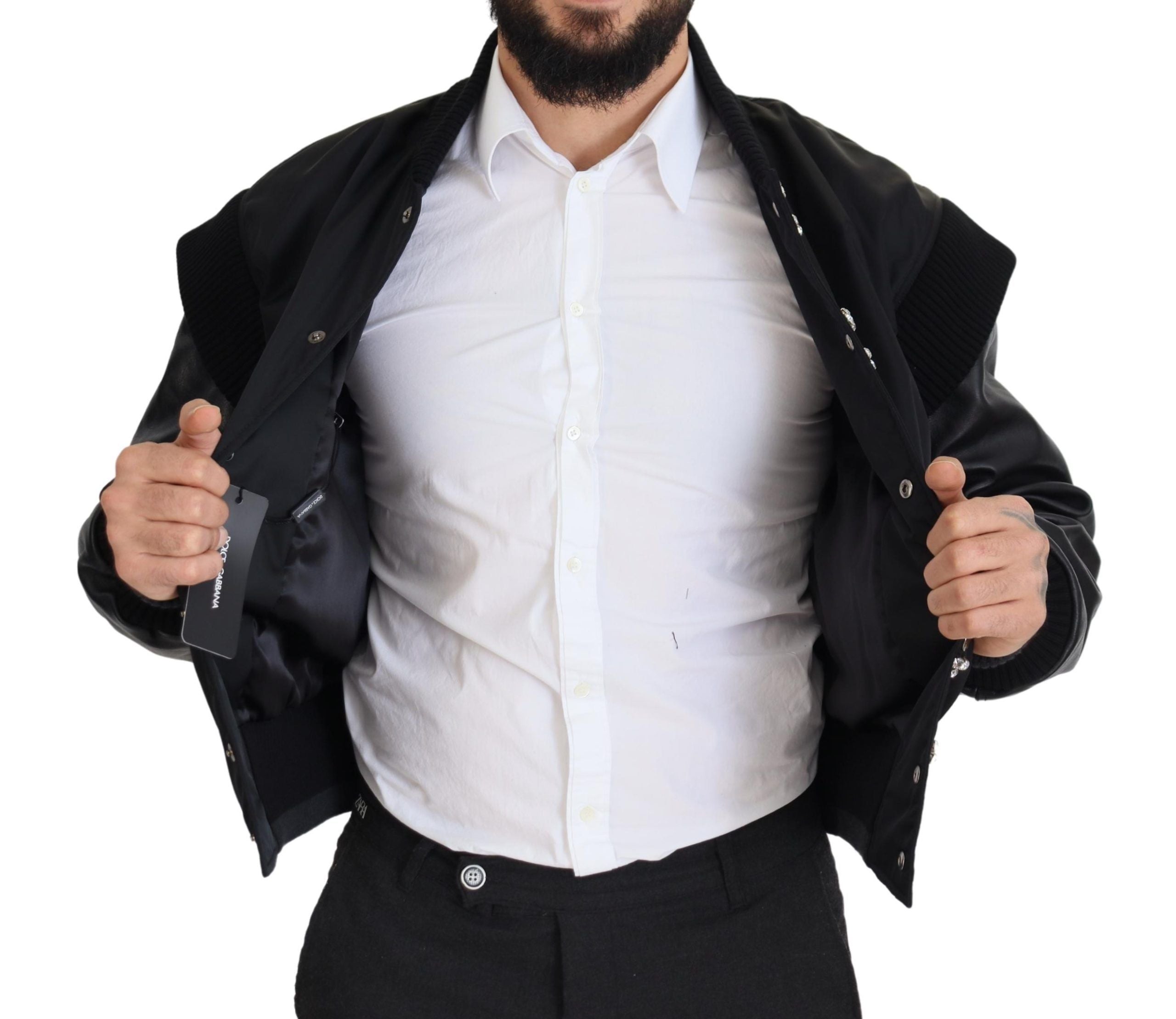 Dolce & Gabbana Black Nylon Crystals Coat Buttons Men's Jacket
