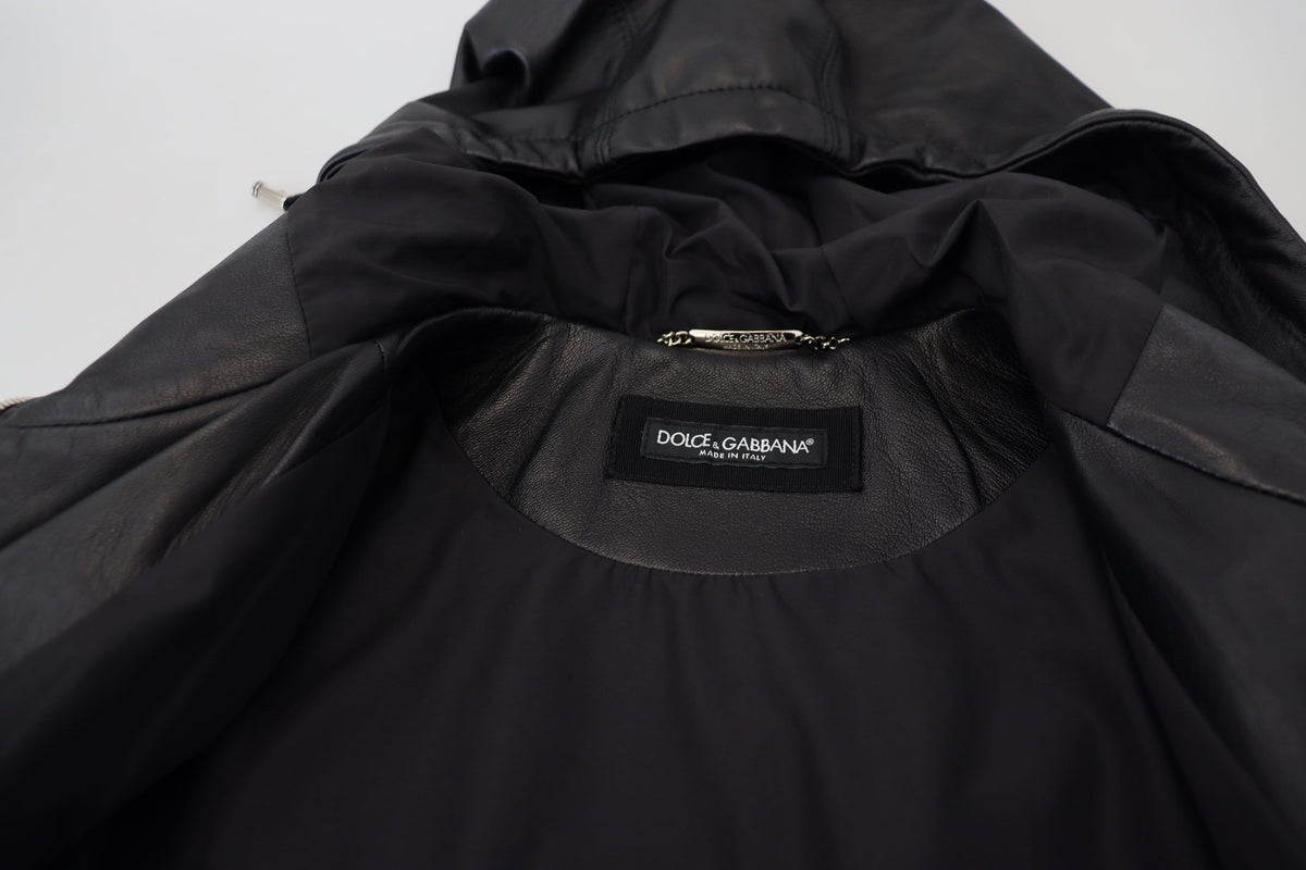 Dolce & Gabbana Black Leather Hooded Blouson Coat Men's Jacket