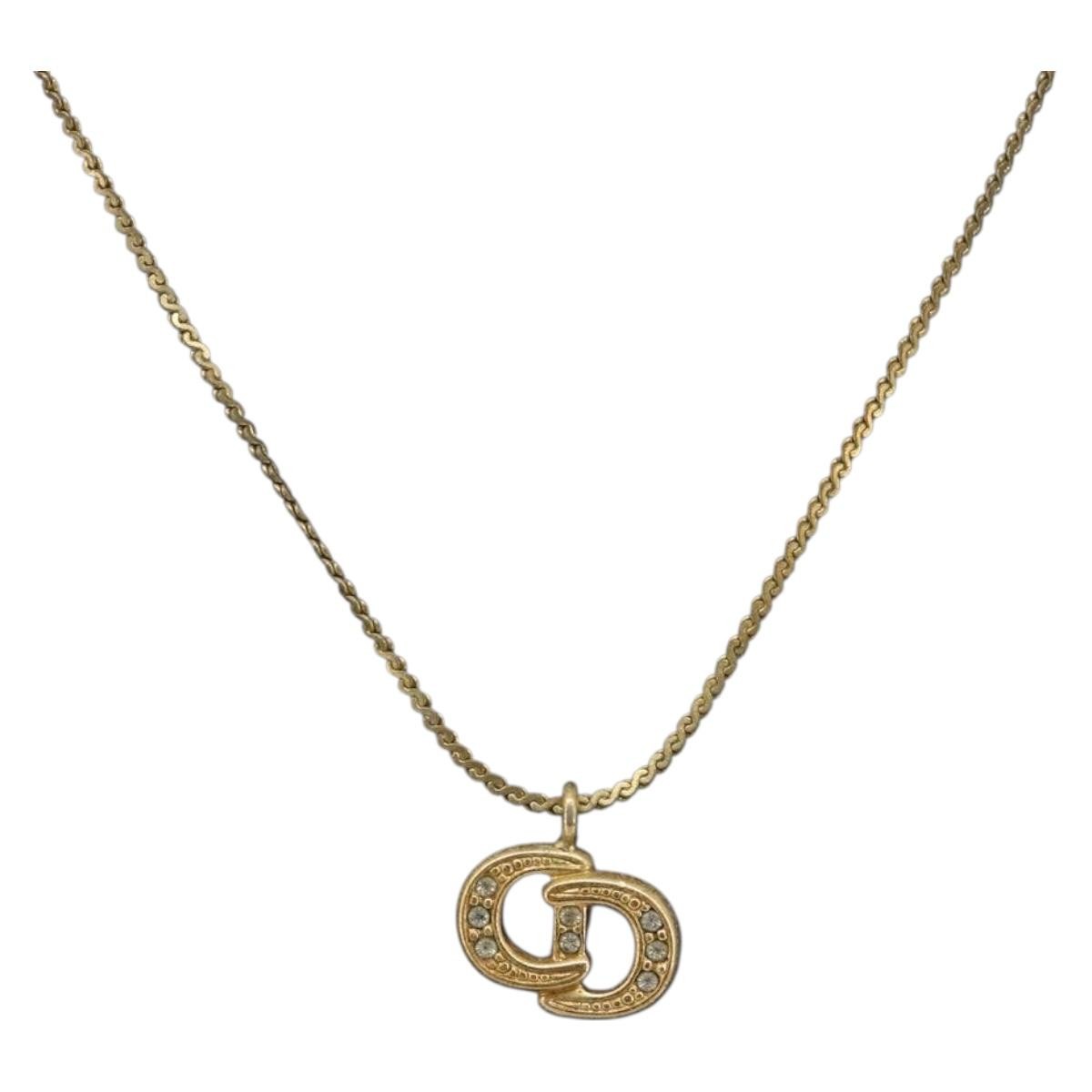 Christian Dior Vintage Cd Pendant Metal With Crystals Gold Metal Necklace Jewelry (Pre-Owned)