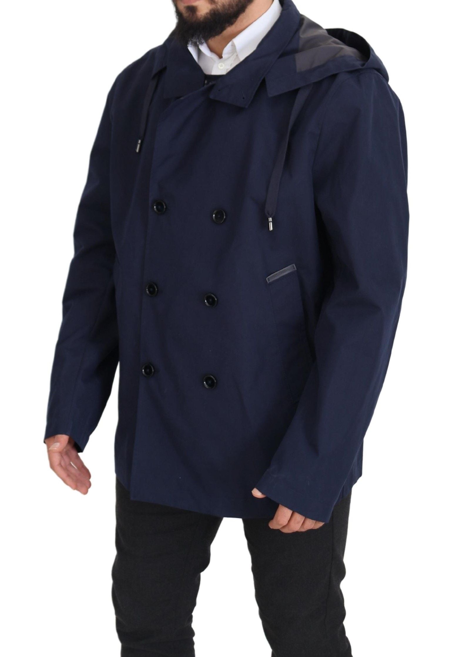 Dolce & Gabbana Blue Hooded Double Breasted Coat Men's Jacket