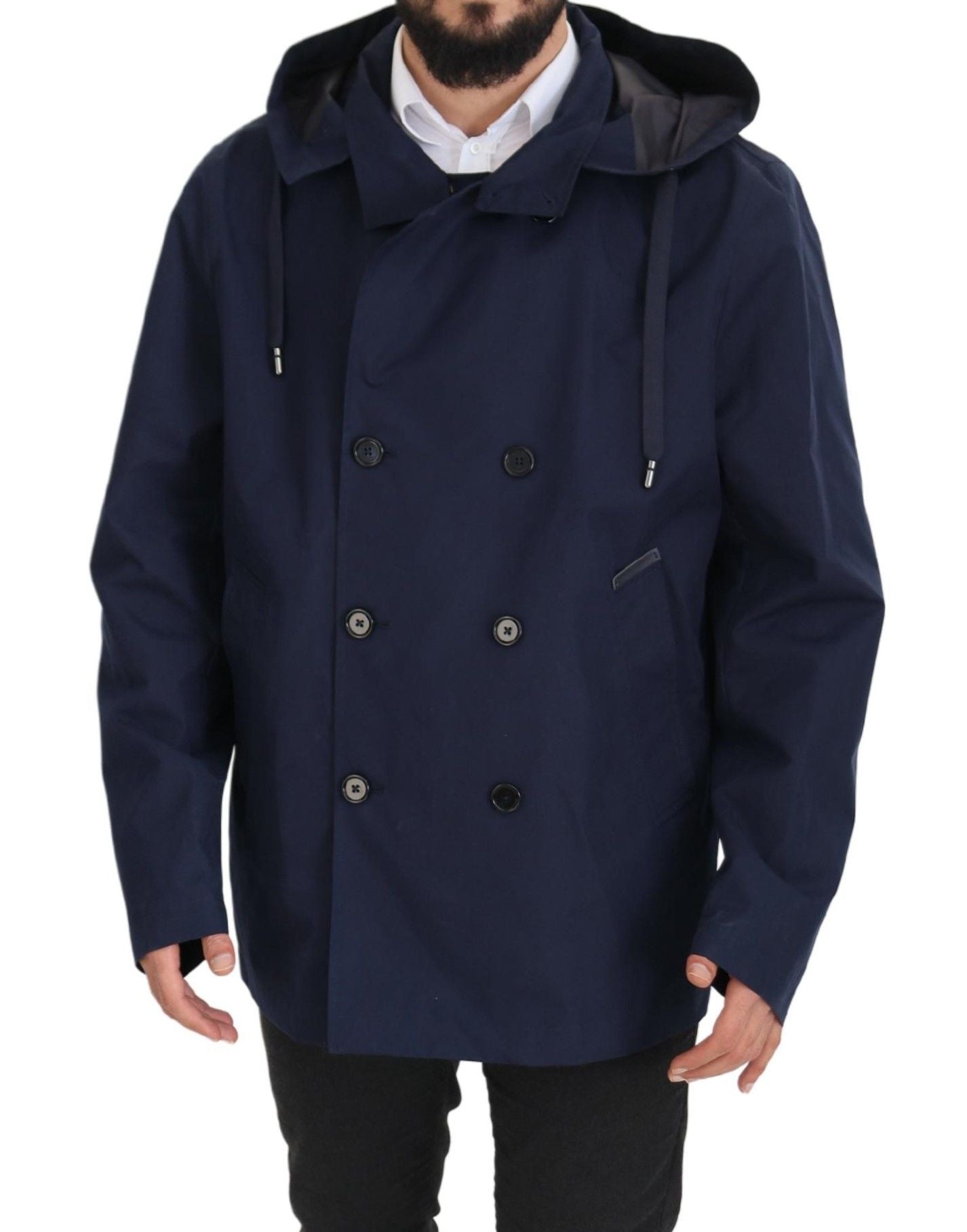 Dolce & Gabbana Blue Hooded Double Breasted Coat Men's Jacket