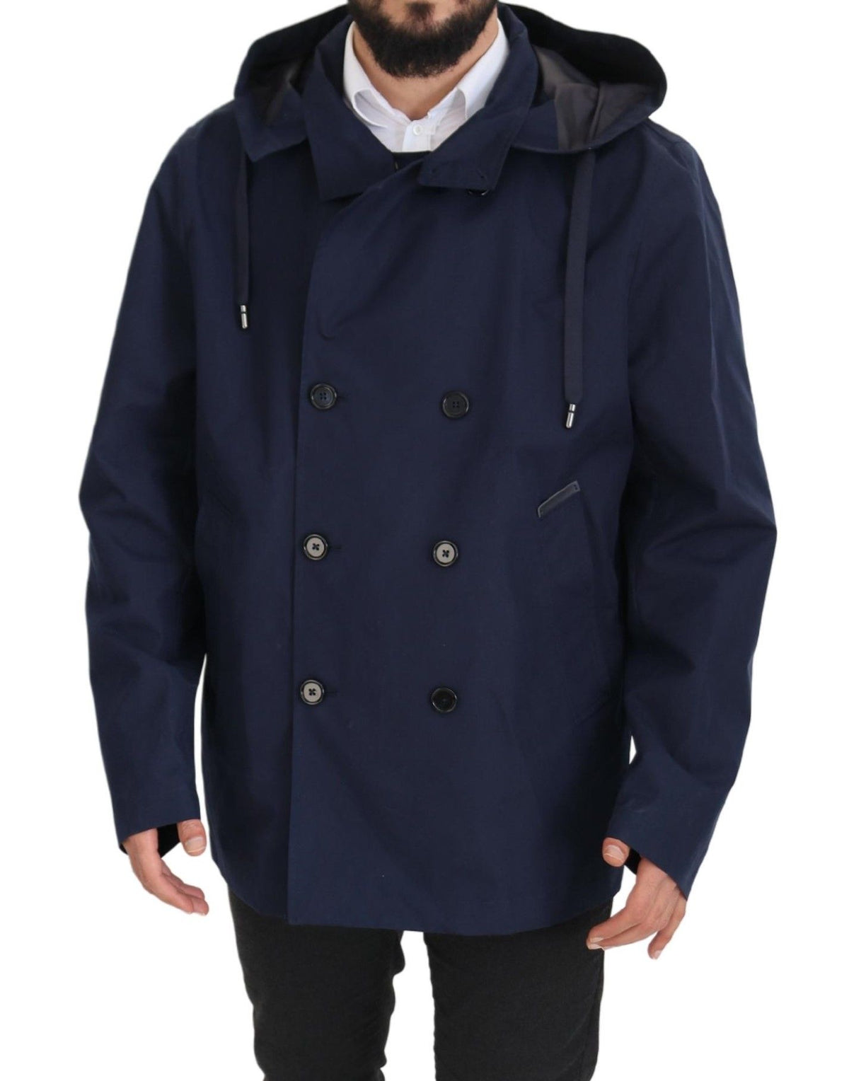 Dolce & Gabbana Blue Hooded Double Breasted Coat Men's Jacket