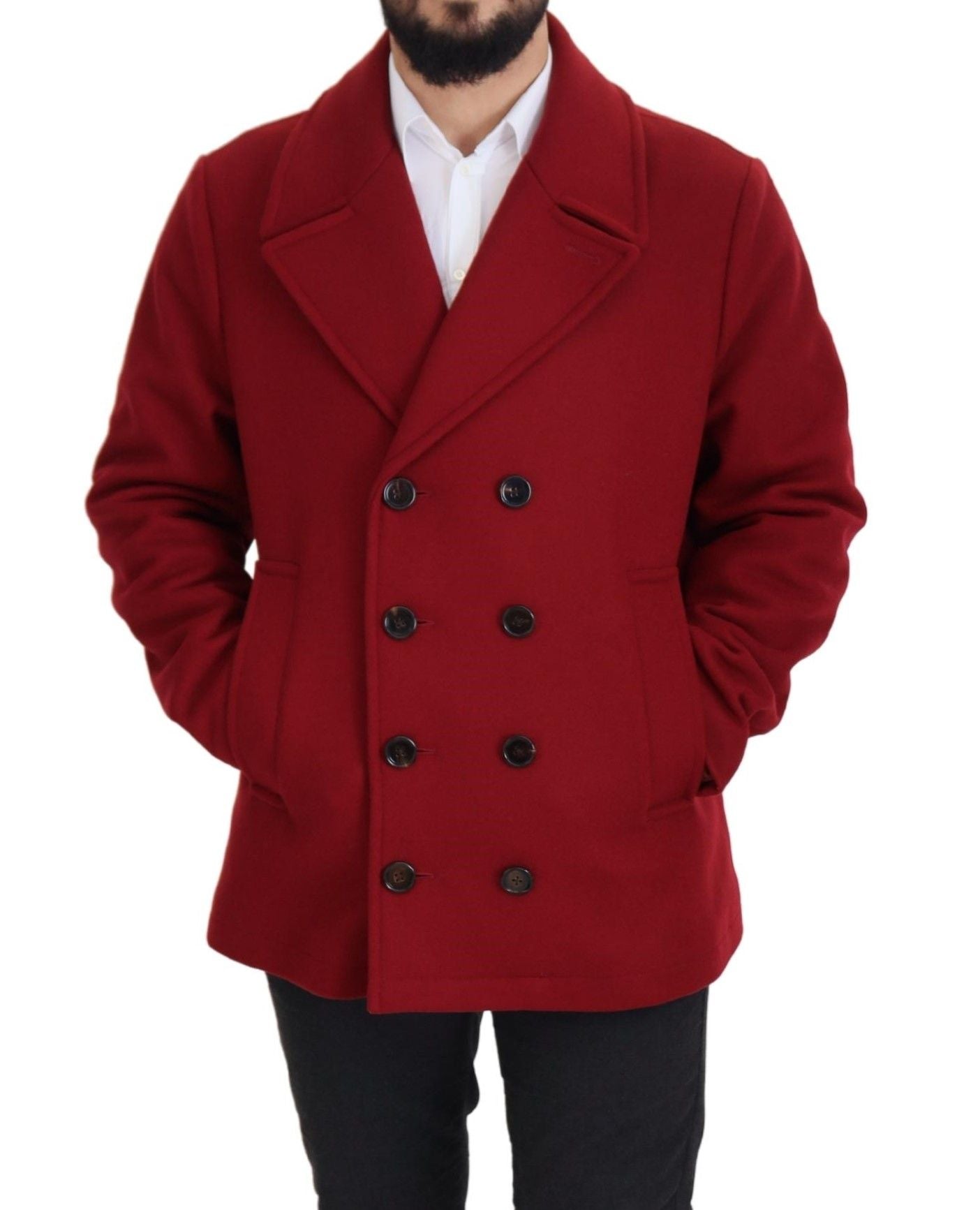 Dolce & Gabbana Red Wool Double Breasted Coat Men's Jacket