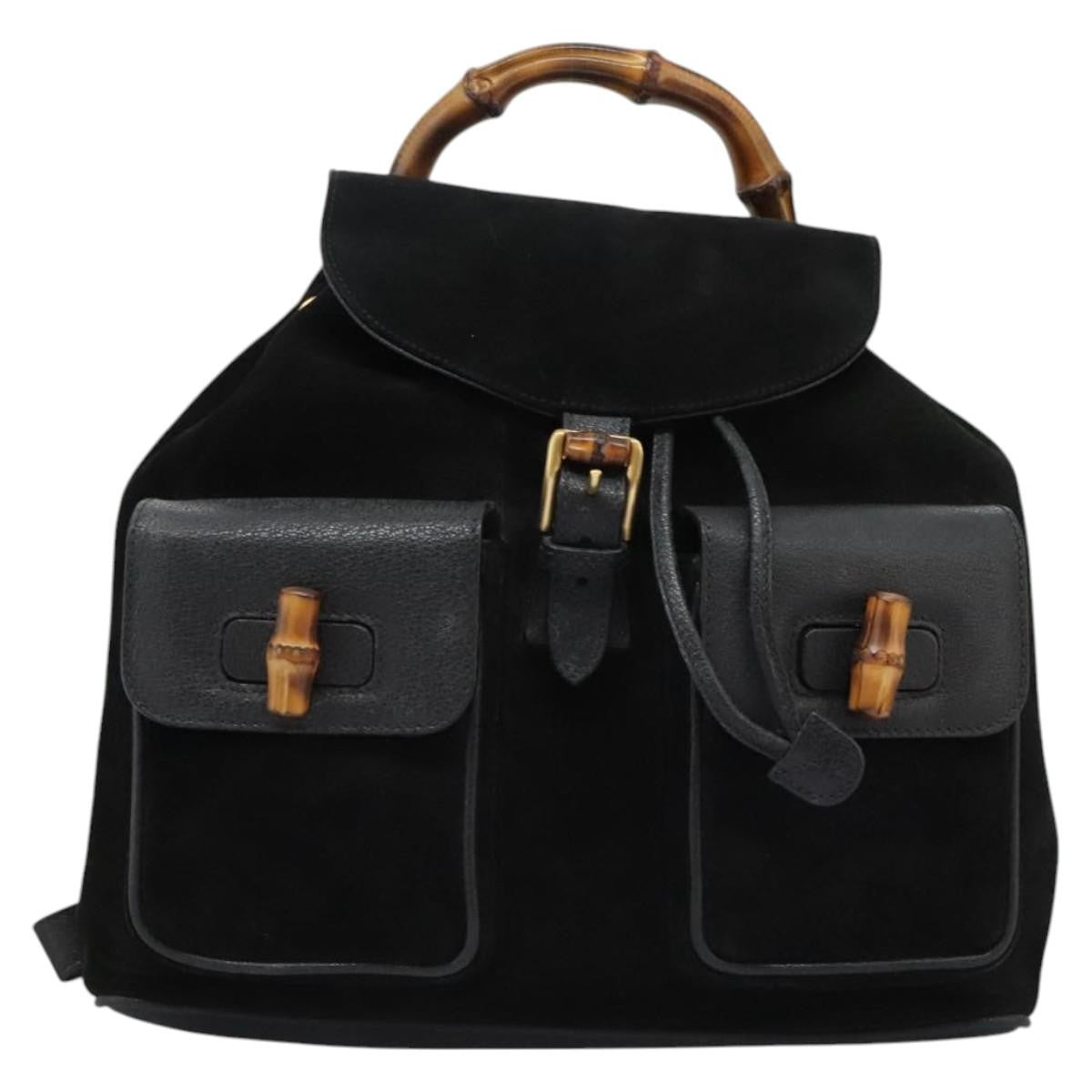 Gucci Vintage Bamboo Suede And Leather Black Suede Backpack Bag (Pre-Owned)
