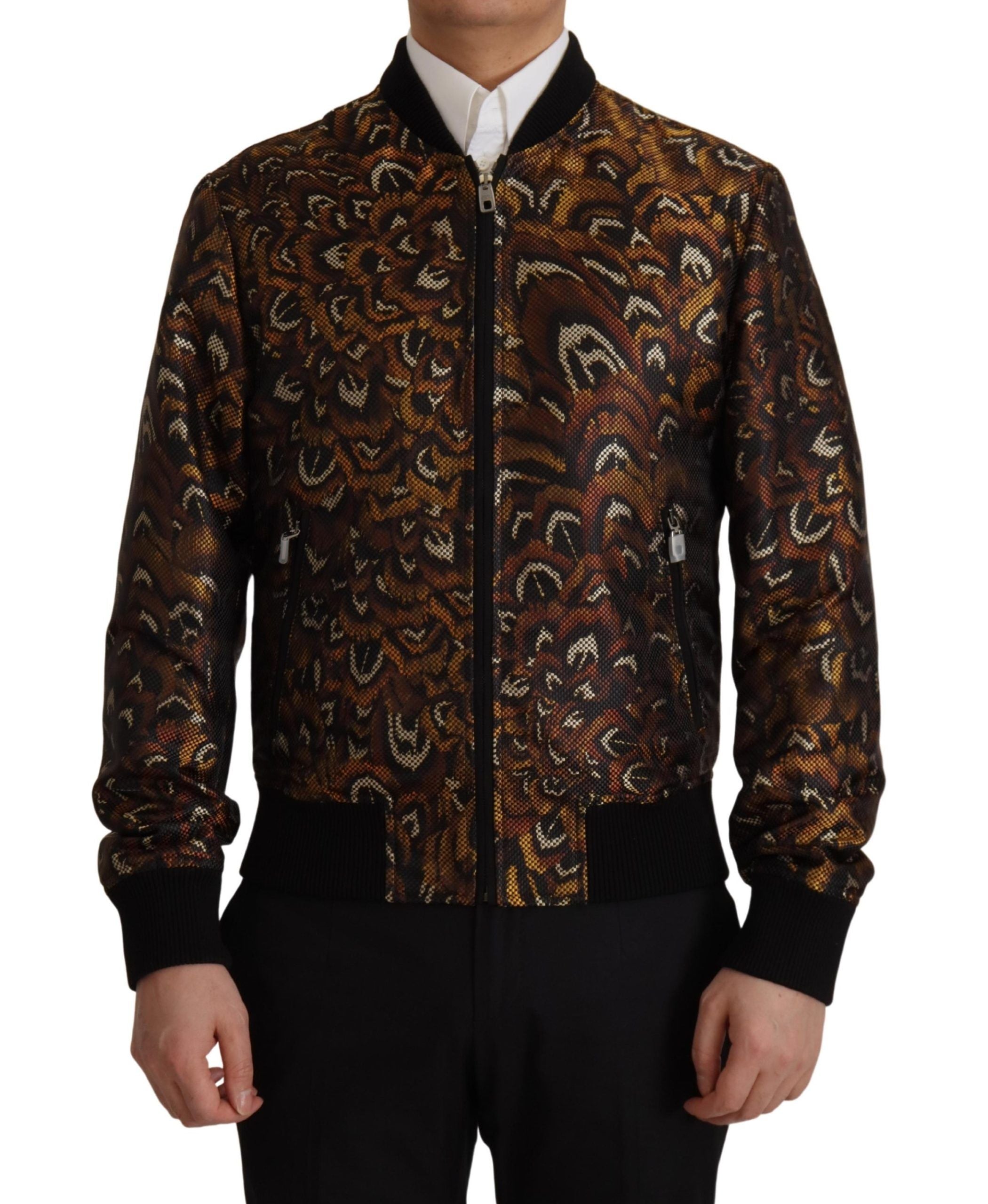 Dolce & Gabbana Brown Feather Full Zip Blouson Men's Jacket