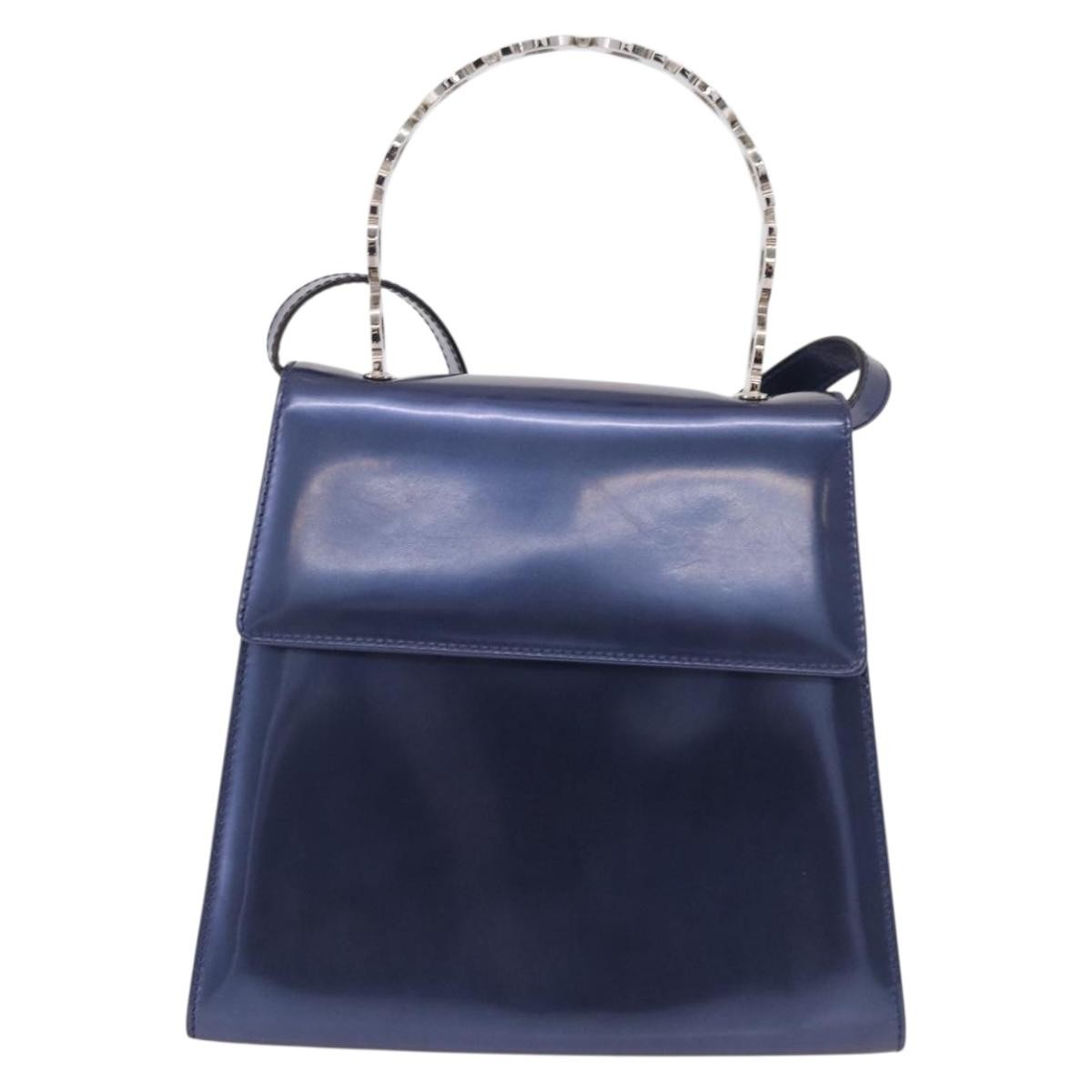 Salvatore Ferragamo Gancini Envelope Top Handle Leather Navy Patent_Leather Handbag (Pre-Owned)
